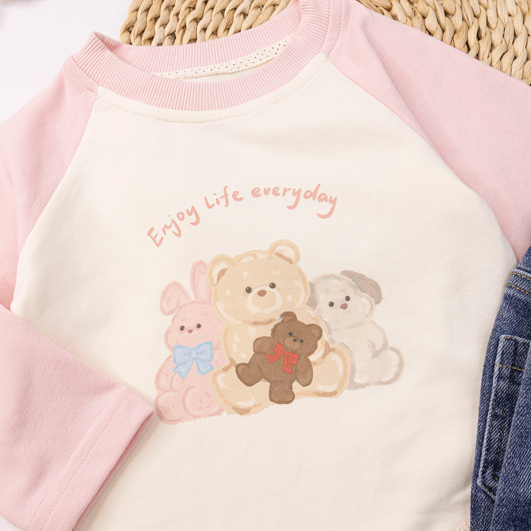 【H55050】可愛動物好朋友撞袖拼接上衣