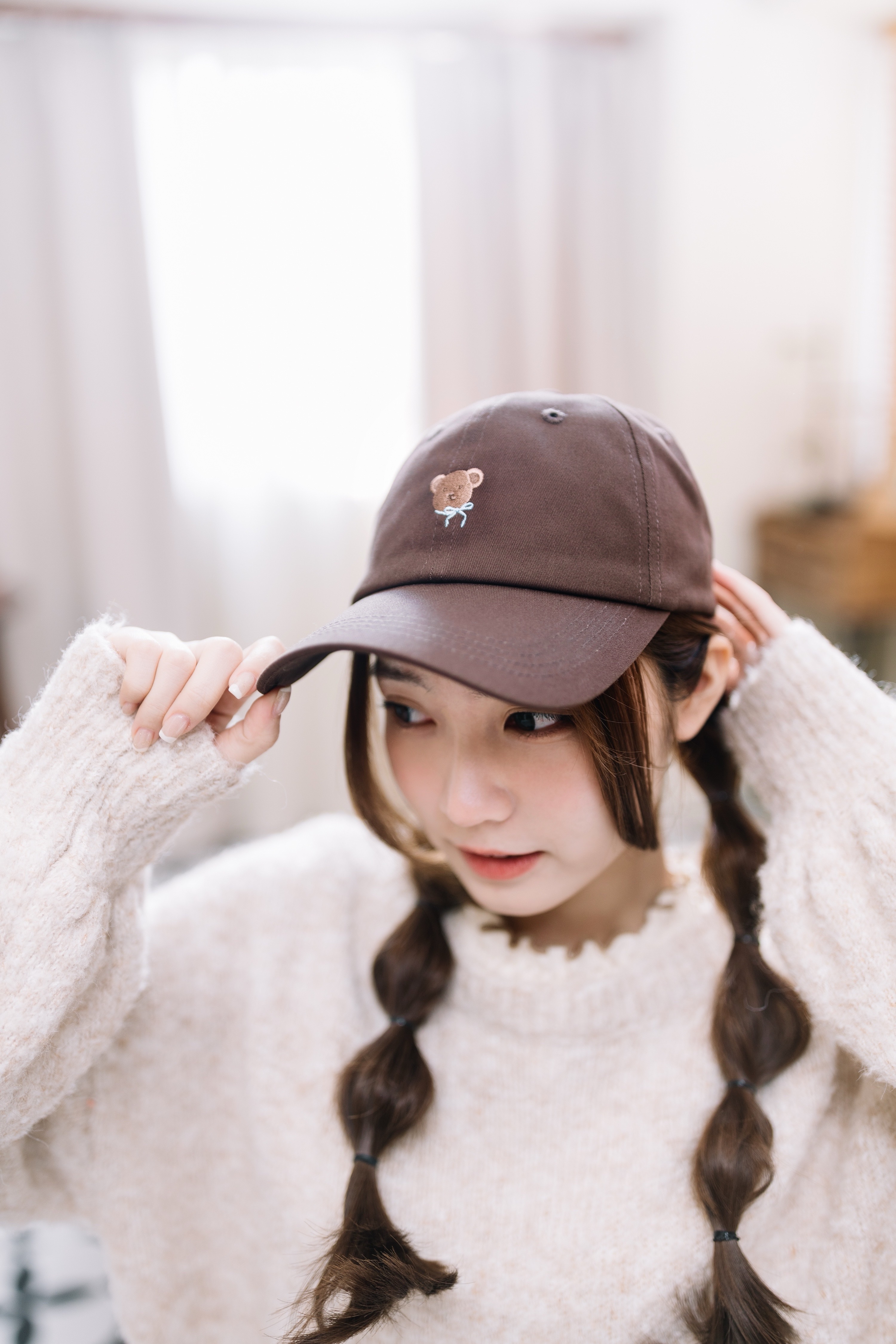 兩色/ 蝴蝶結小熊刺繡Cap帽/ Ribbon Bear Embroidered Cap