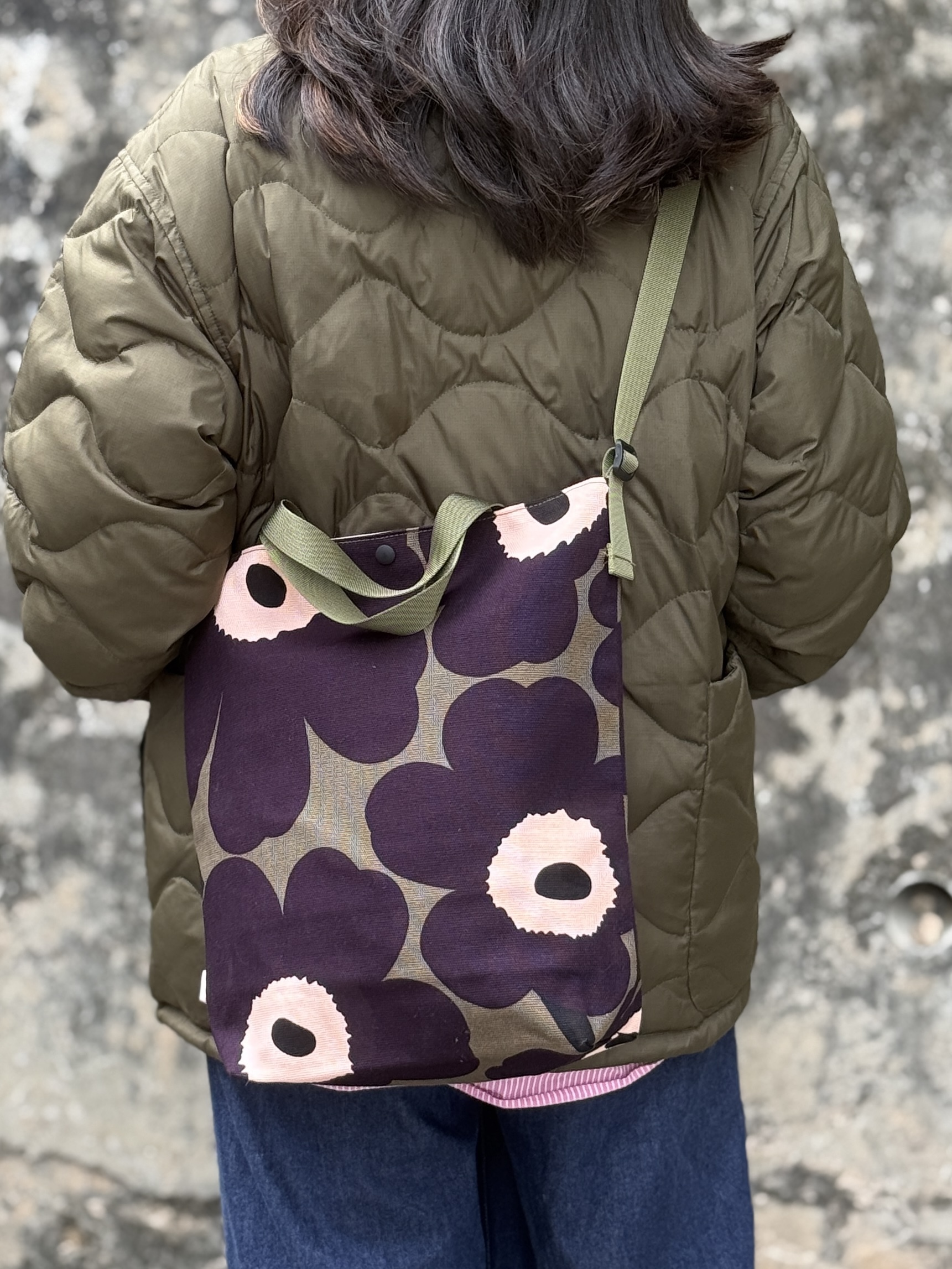 3 way easy tote | Marimekko canvas fabric | brown x purple