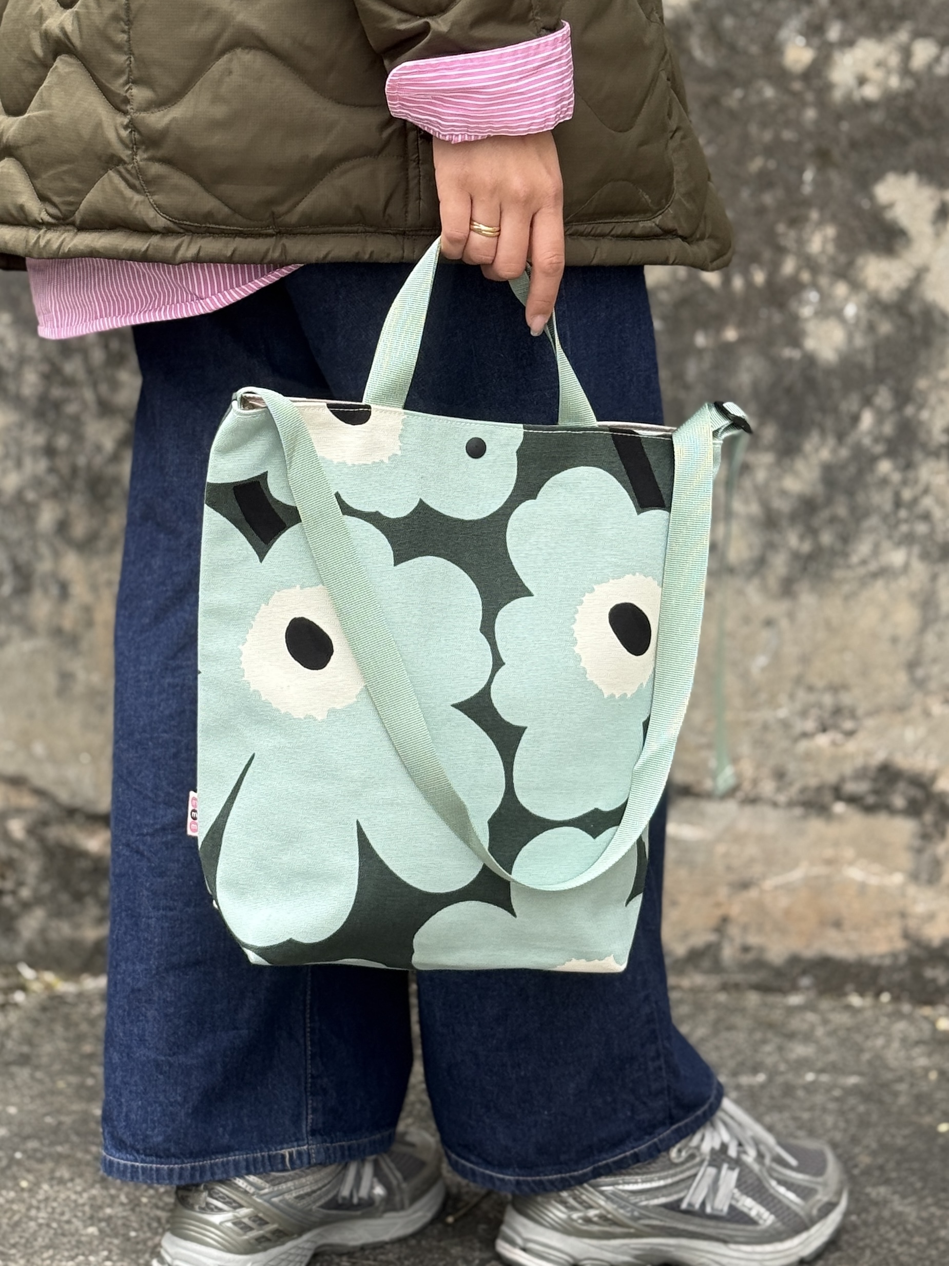 3 way easy tote | Marimekko canvas fabric | mint x black unikko