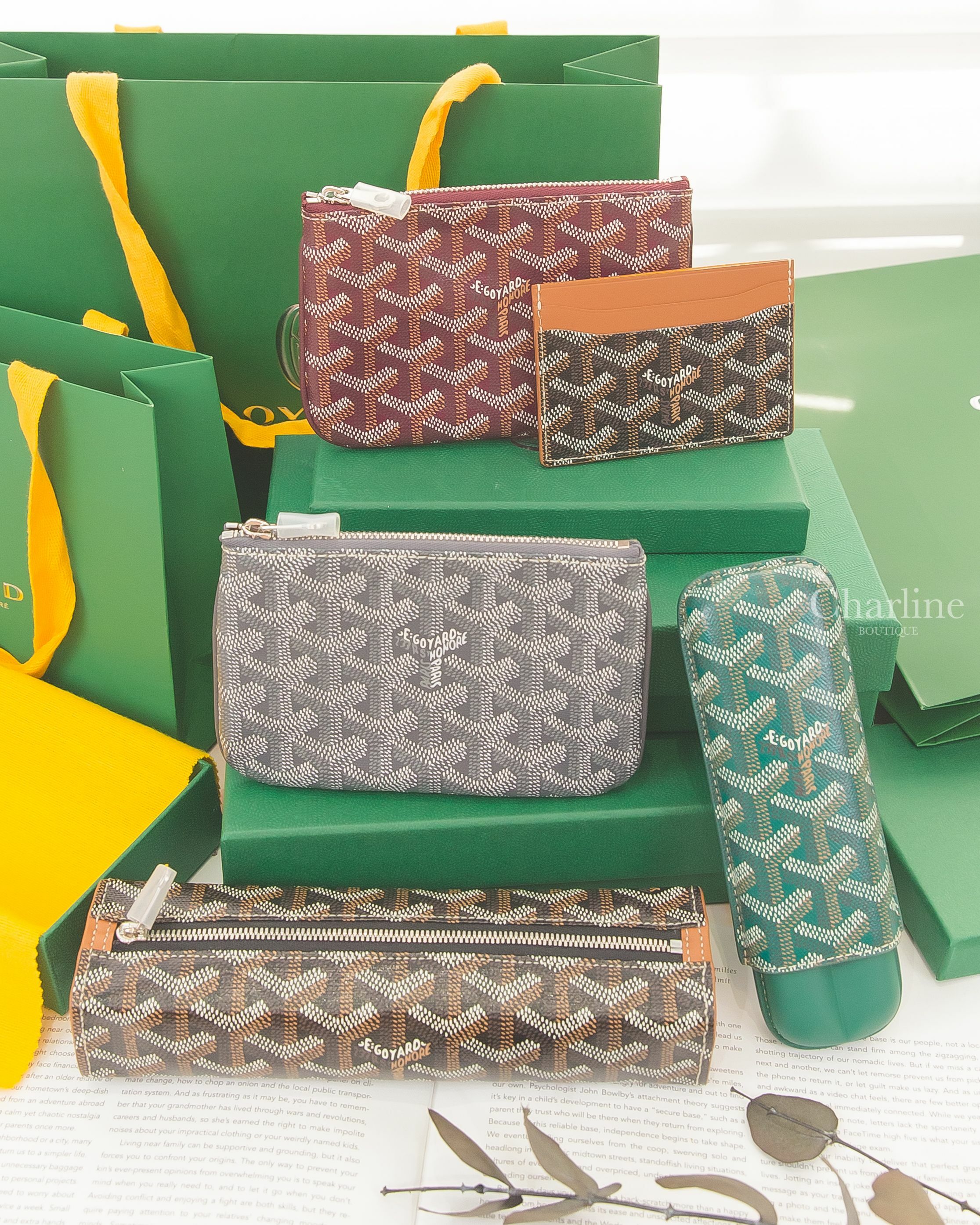 Goyard Trousse黑色拼咖啡色筆袋,Sénat Mini灰色零錢包,Sénat Mini勃根地酒紅色零錢包,Cigar Case綠色兩入雪茄盒,Saint-Sulpice黑色拼咖啡色卡片夾-Charline Boutique 精品代購