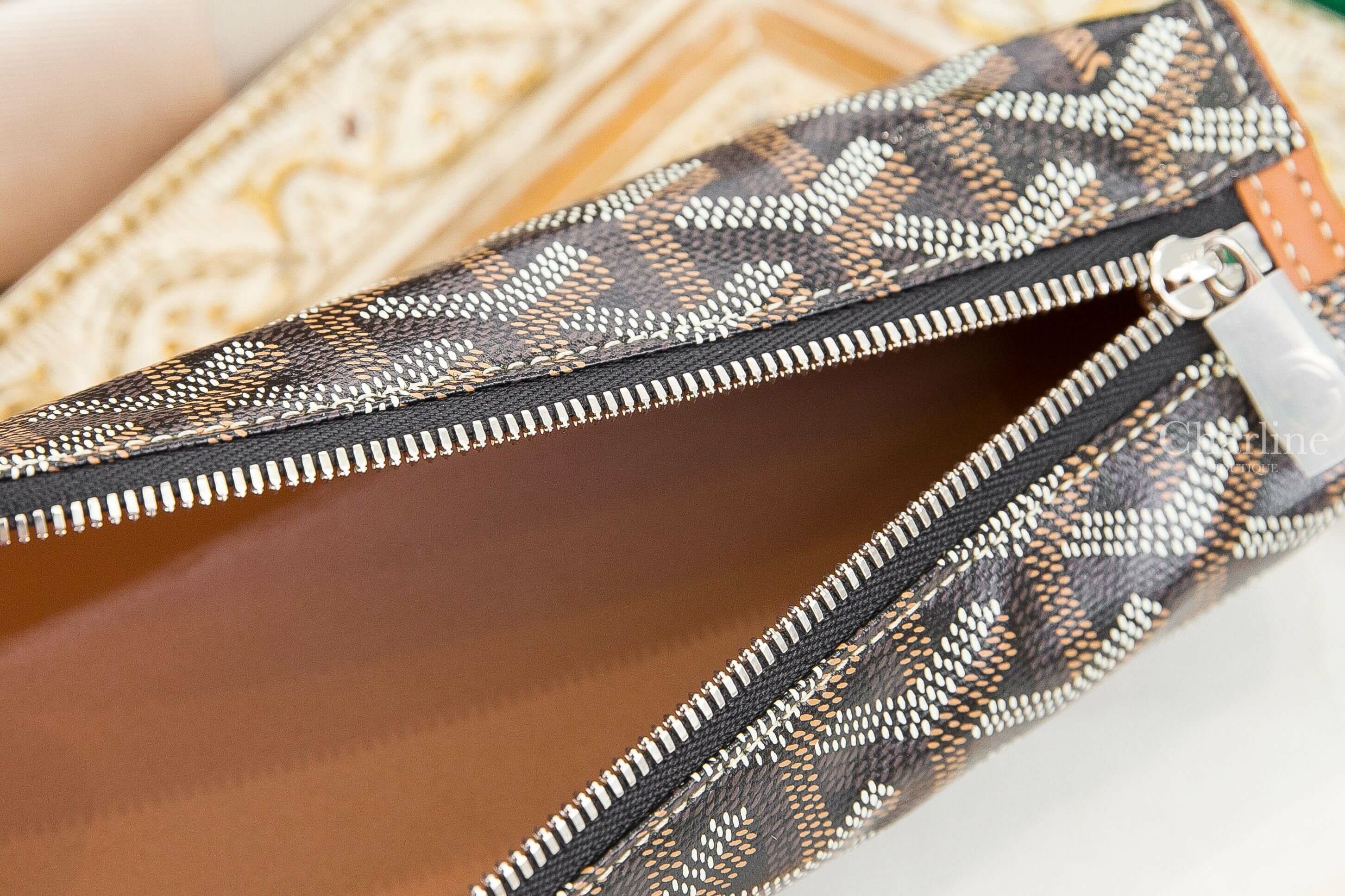 Goyard Trousse 黑色拼咖啡色帆布小牛皮內裡拉鏈方形筆袋-Charline Boutique 精品代購