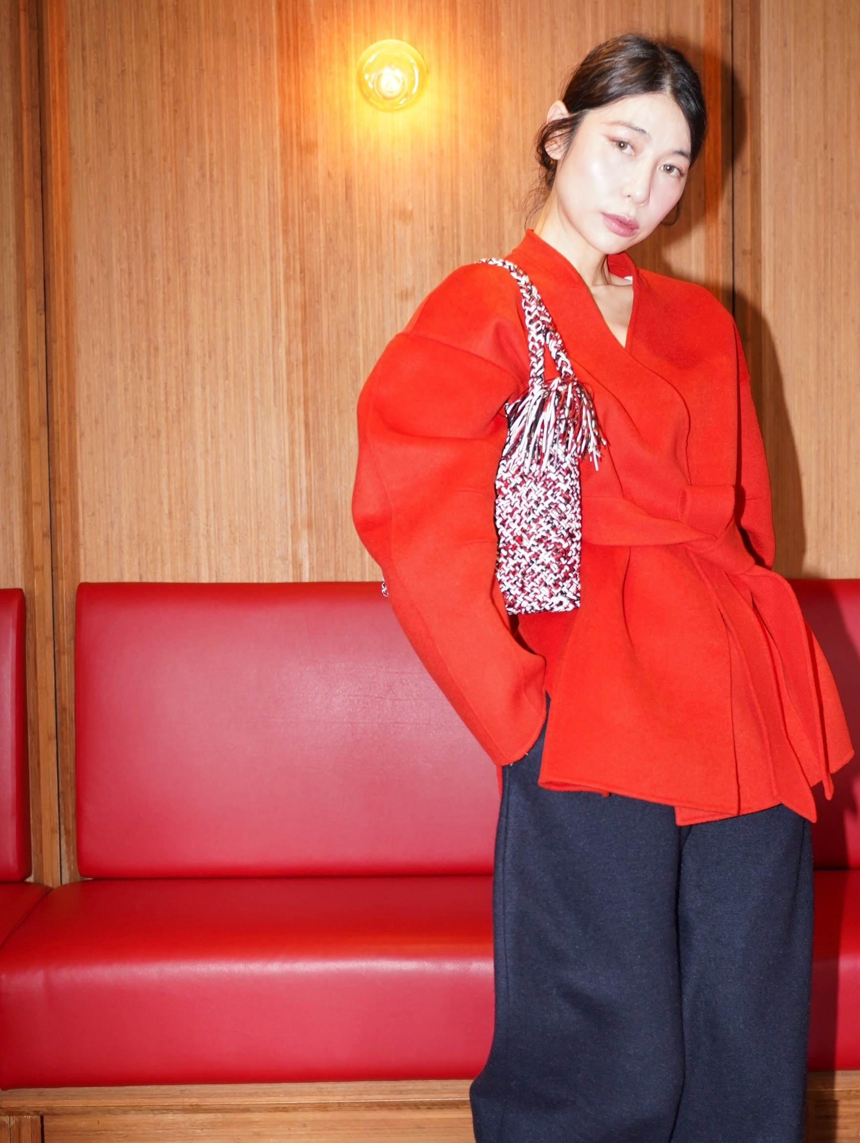 HANAA 新年季紅色羊絨羊毛混紡雙面毛呢短款外套