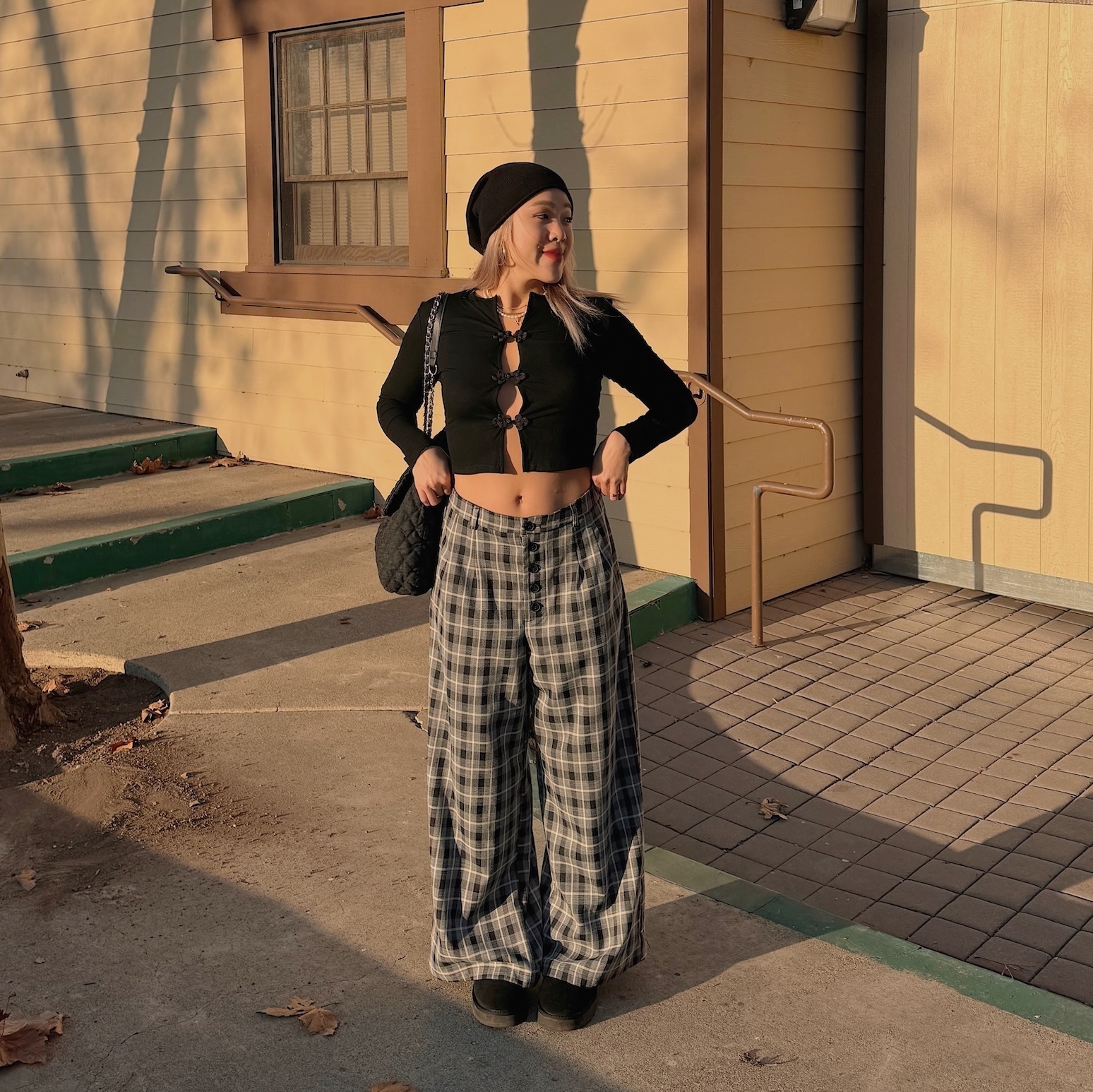 美式復古格紋寬褲