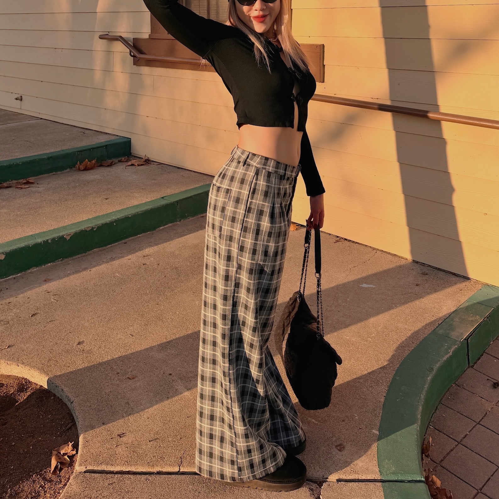 美式復古格紋寬褲