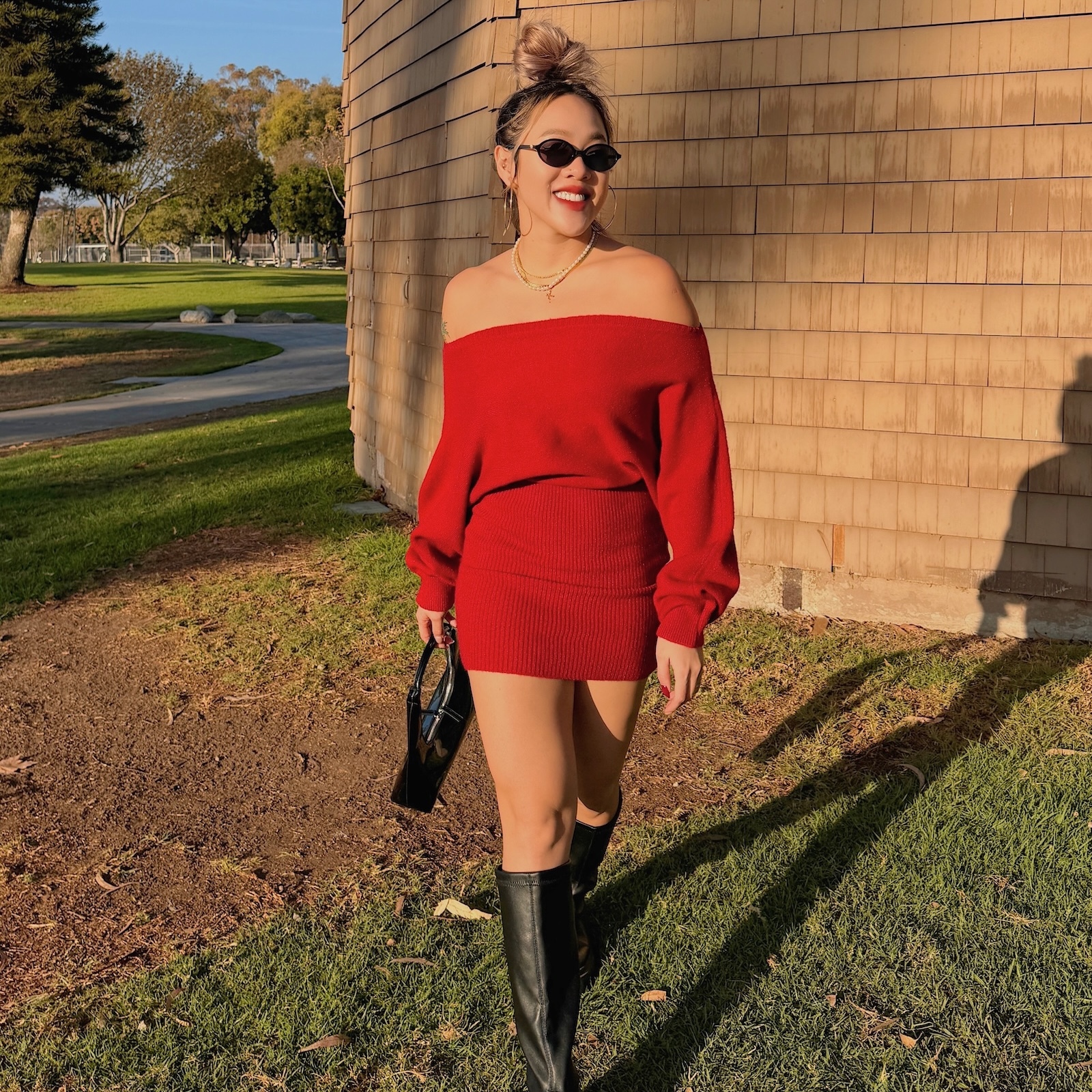 紅紅火火♥️毛呢一字包臀洋裝