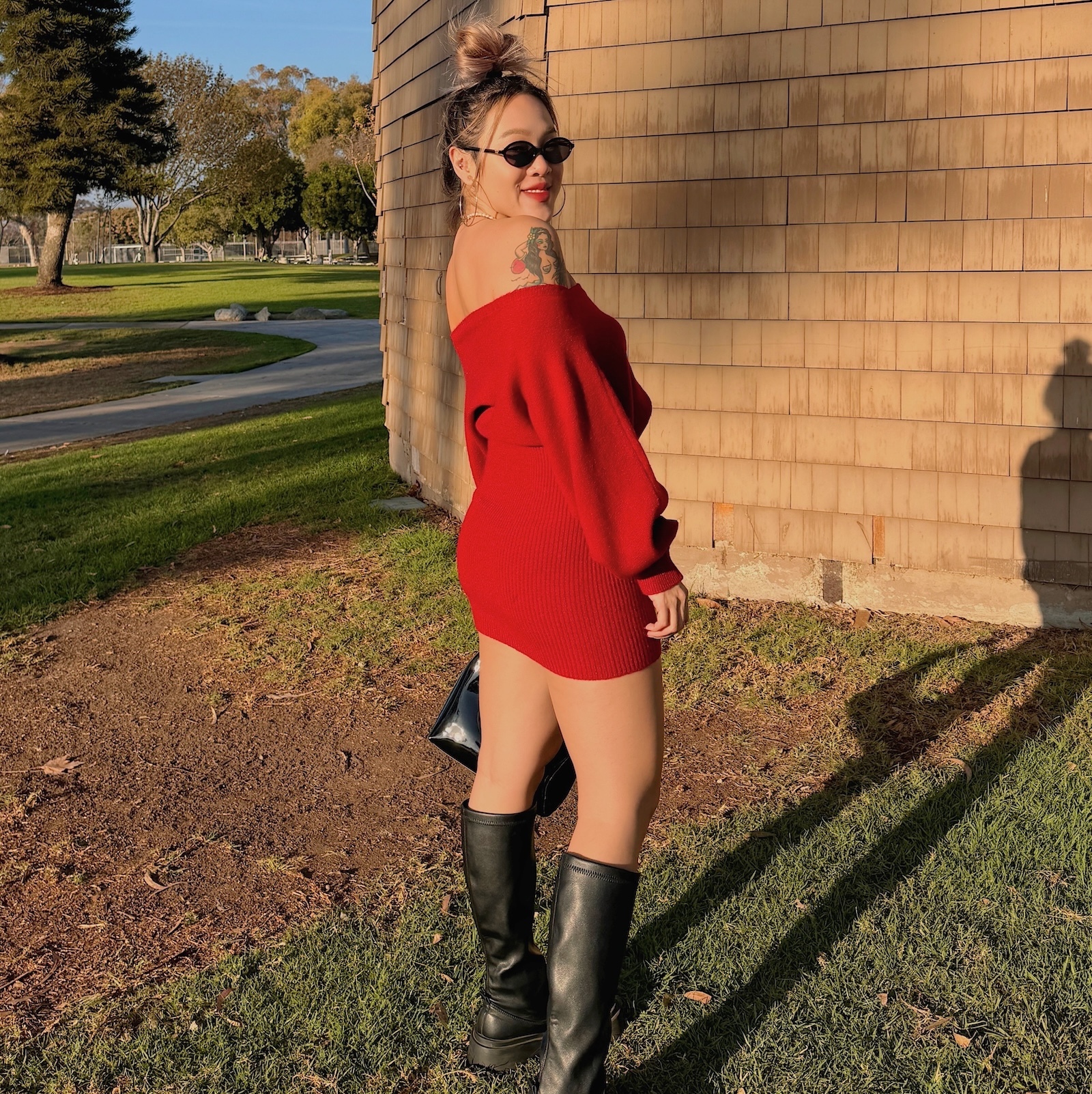 紅紅火火♥️毛呢一字包臀洋裝