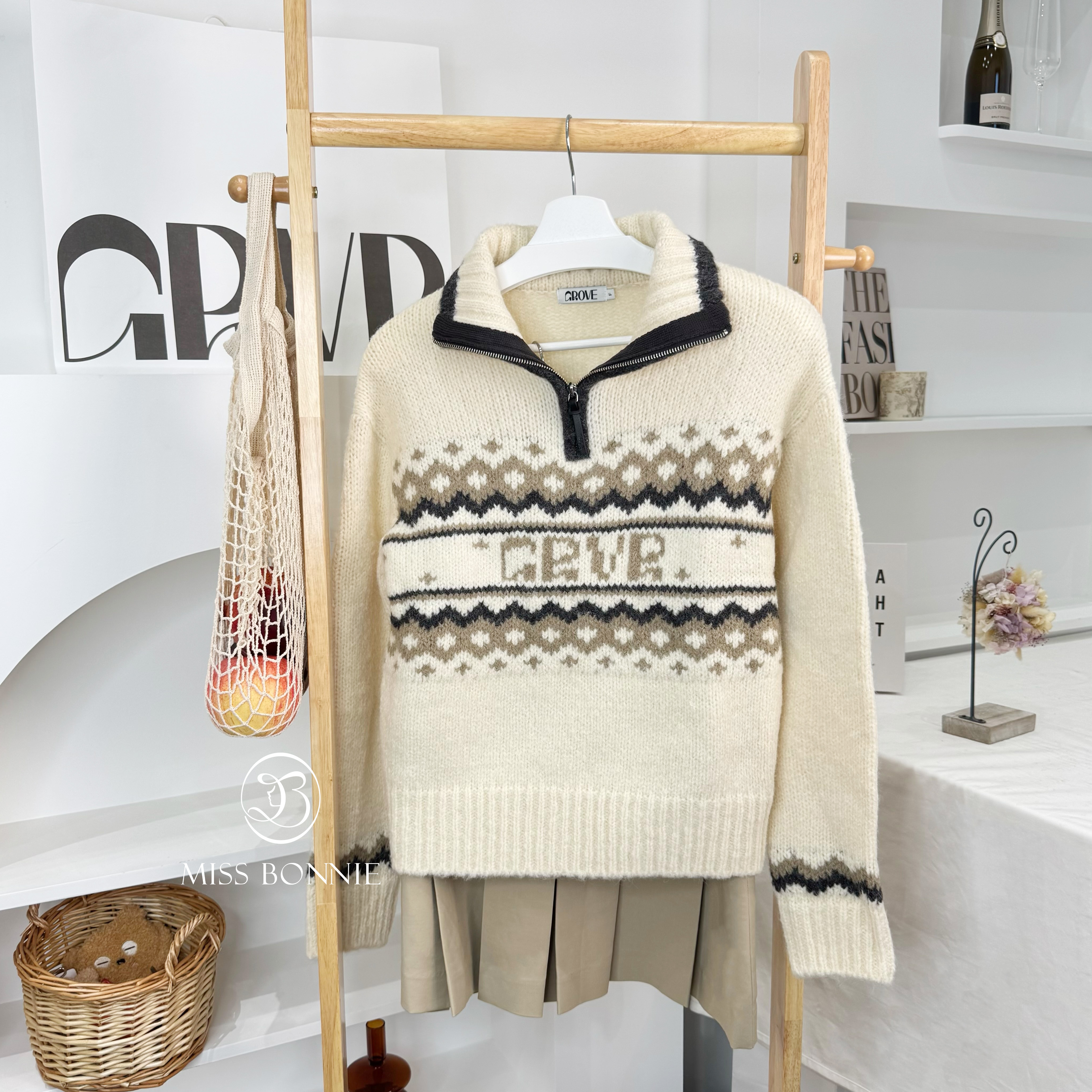 GROVE立領拉鍊粗針織雪花上衣