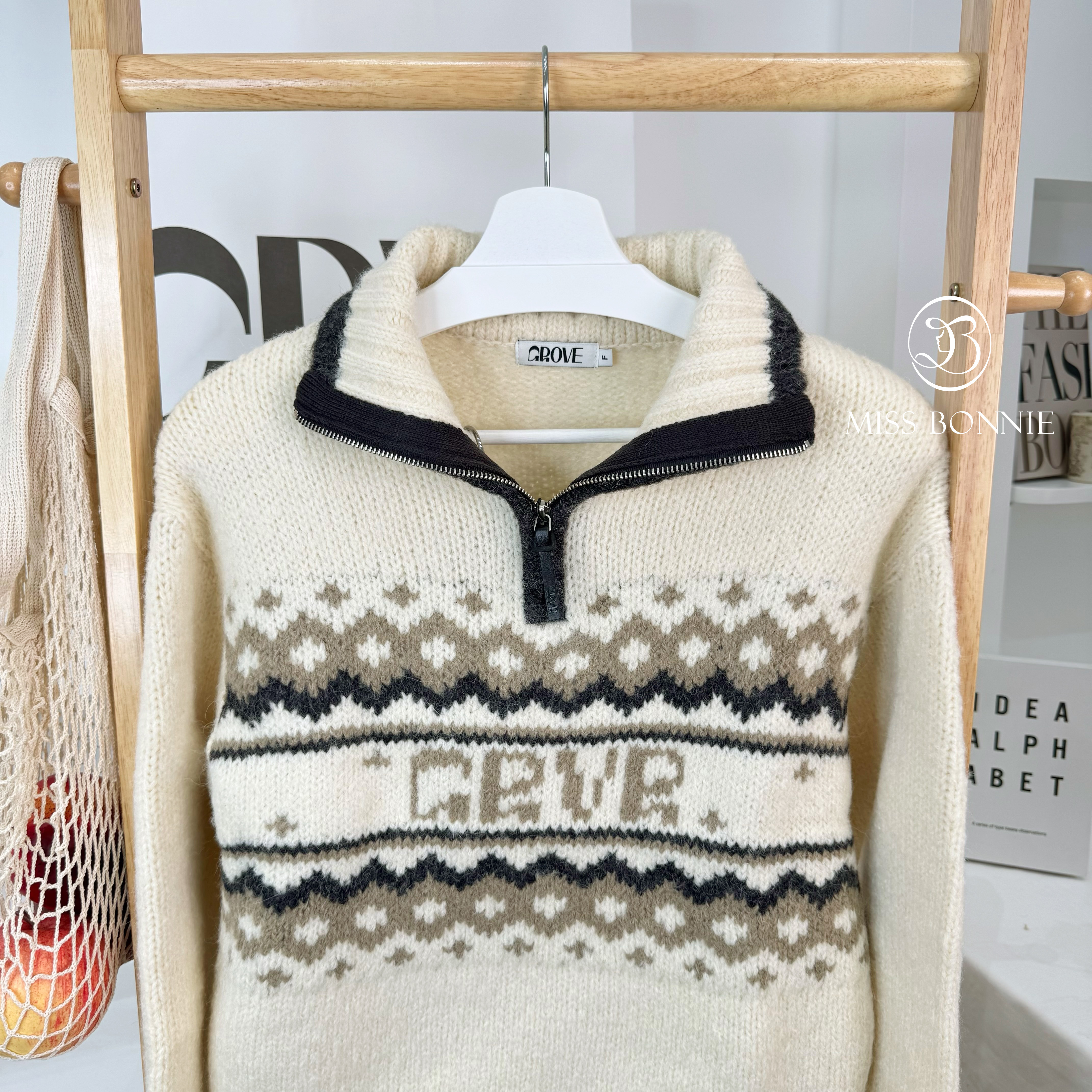 GROVE立領拉鍊粗針織雪花上衣