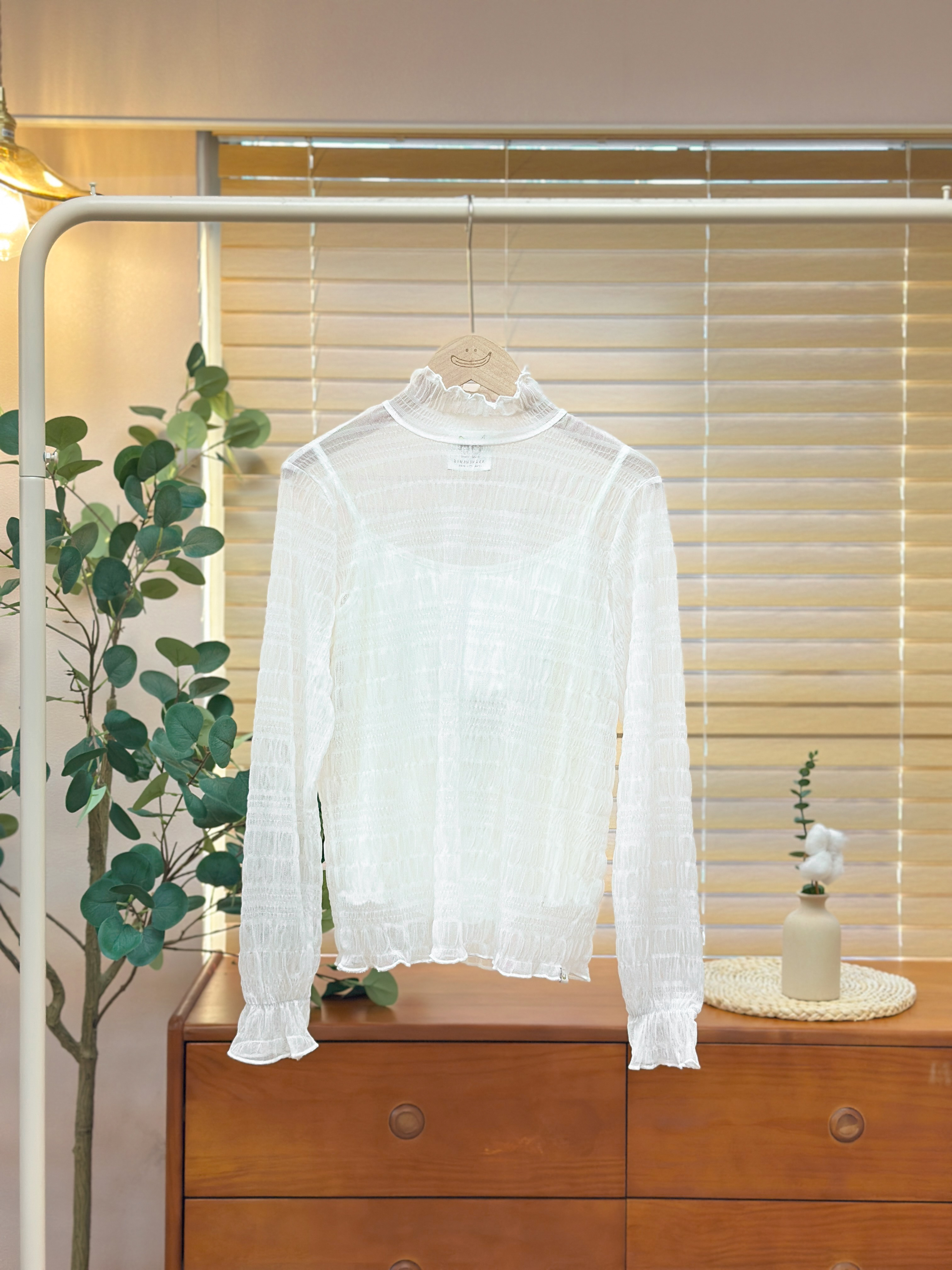 白色／透肌高領網紗長袖上衣／Sheer Ruffle Top