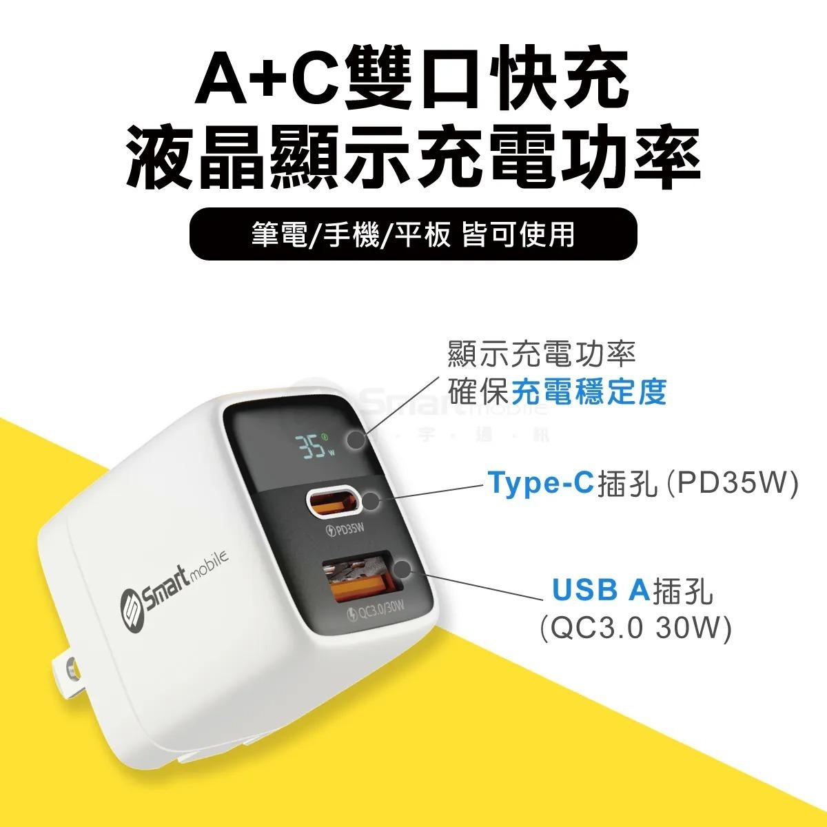氮化鎵35W A+C液晶摺疊充電器(兩色)