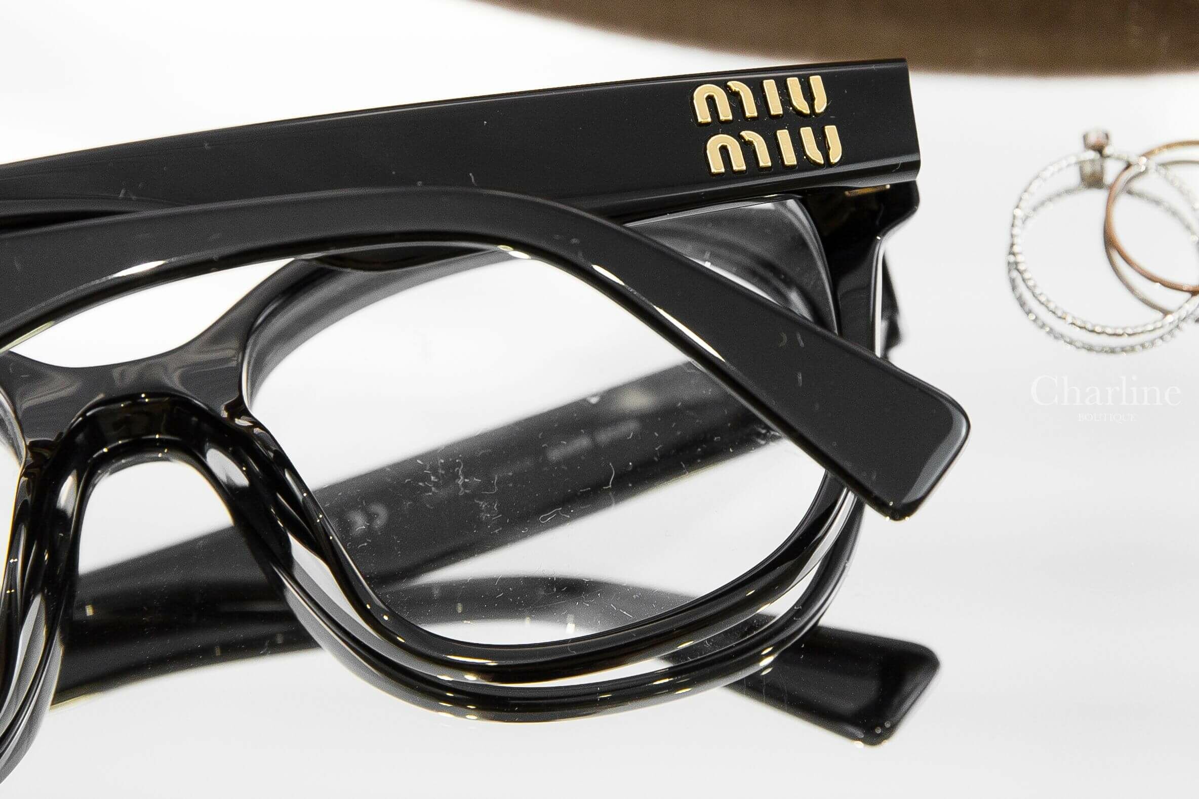 Miu Miu Glasses 黑色方框側邊金色字母平光眼鏡-Charline Boutique精品代購