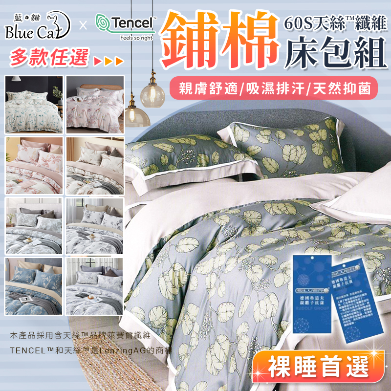 【藍貓Blue cat】60支天絲鋪棉款床包+兩用被套組(多色任選)