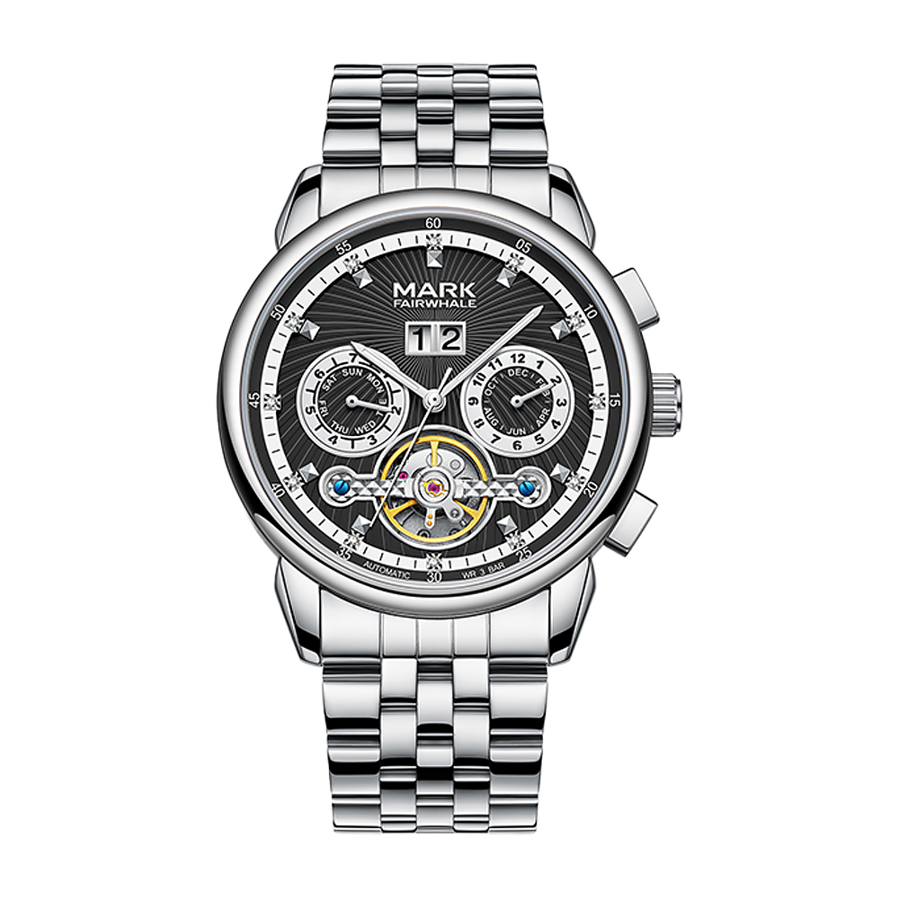 【Mark fairwhale 馬克菲爾】FW- 6730 紳士 質感 潮流時尚 晶鑽時標 兩眼 日期星期月份 夜光 金屬 機械錶 手錶 -