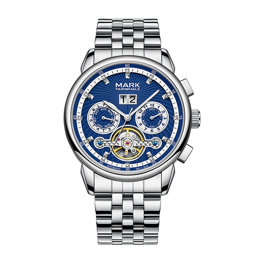 【Mark fairwhale 馬克菲爾】FW- 6730 紳士 質感 潮流時尚 晶鑽時標 兩眼 日期星期月份 夜光 金屬 機械錶 手錶 -