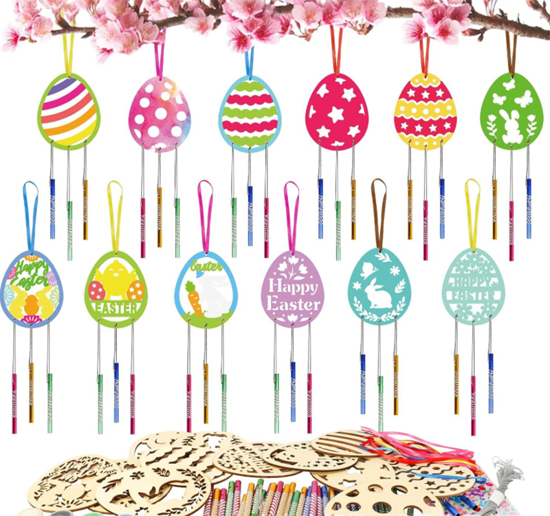 復活節DIY木質風鈴材料包 兔子12片+36支風鈴+筆刷2條+貼紙+線 ES4973