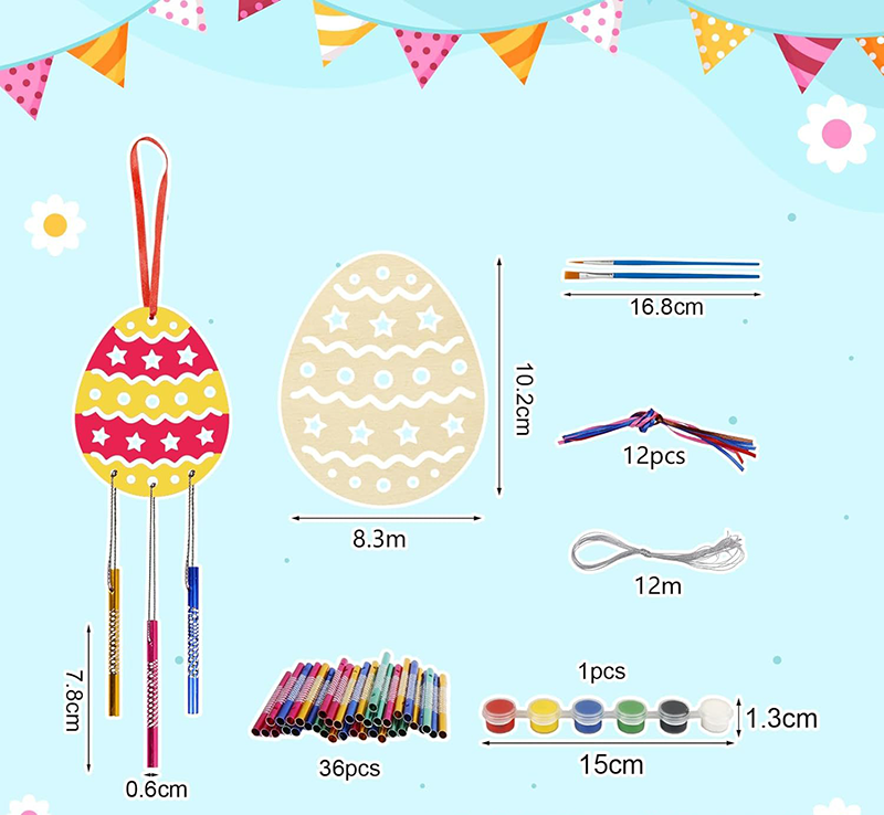 復活節DIY木質風鈴材料包 兔子12片+36支風鈴+筆刷2條+貼紙+線 ES4973
