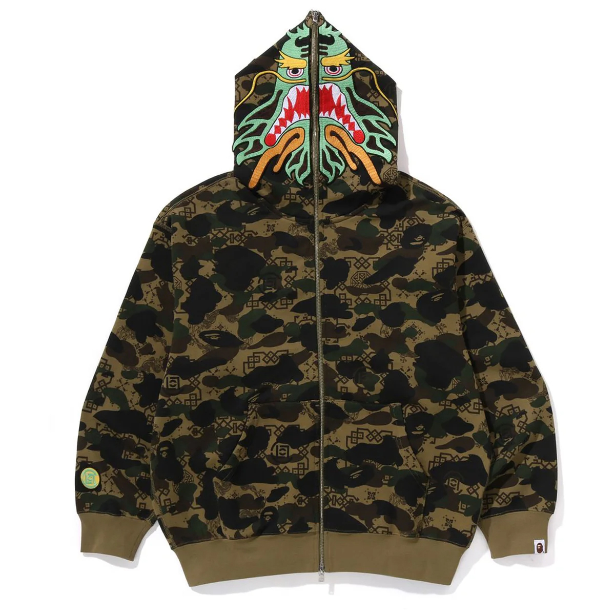 -(B3e01)-BAPE X CLOT CAMO SHARK RELAXED FIT FULL ZIP HOODIE 聯名 凝結集團 陳冠希 龍 鯊魚外套 連帽外套  紅/綠-1K73115913