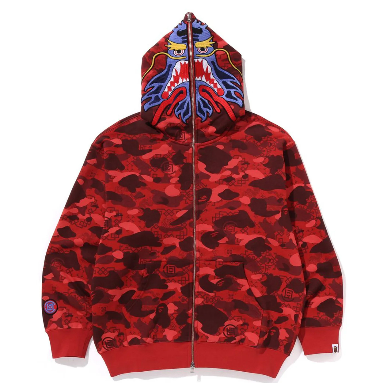 -(B3e01)-BAPE X CLOT CAMO SHARK RELAXED FIT FULL ZIP HOODIE 聯名 凝結集團 陳冠希 龍 鯊魚外套 連帽外套  紅/綠-1K73115913