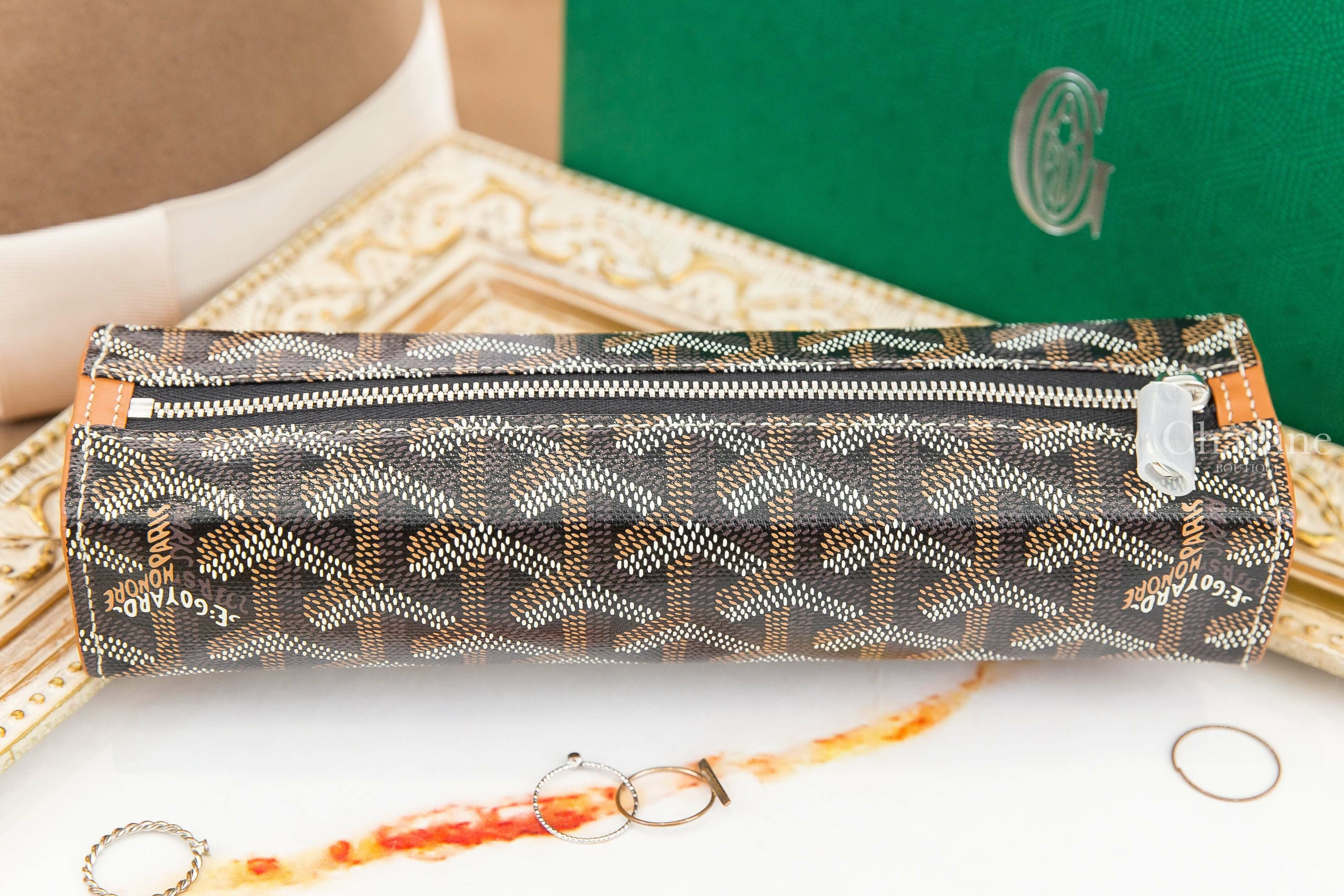 Goyard Trousse 黑色拼咖啡色帆布小牛皮內裡拉鏈方形筆袋-Charline Boutique 精品代購