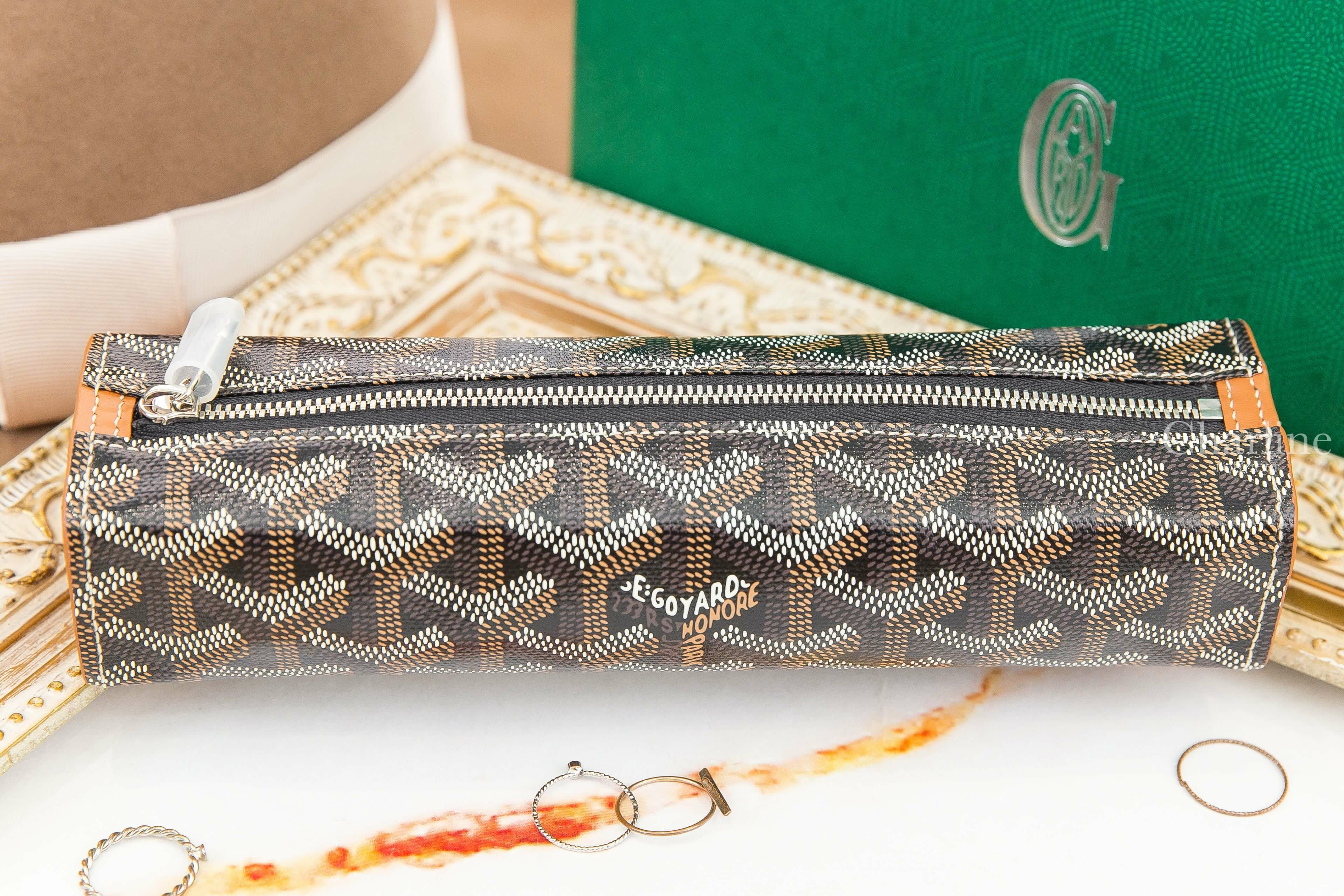 Goyard Trousse 黑色拼咖啡色帆布小牛皮內裡拉鏈方形筆袋-Charline Boutique 精品代購