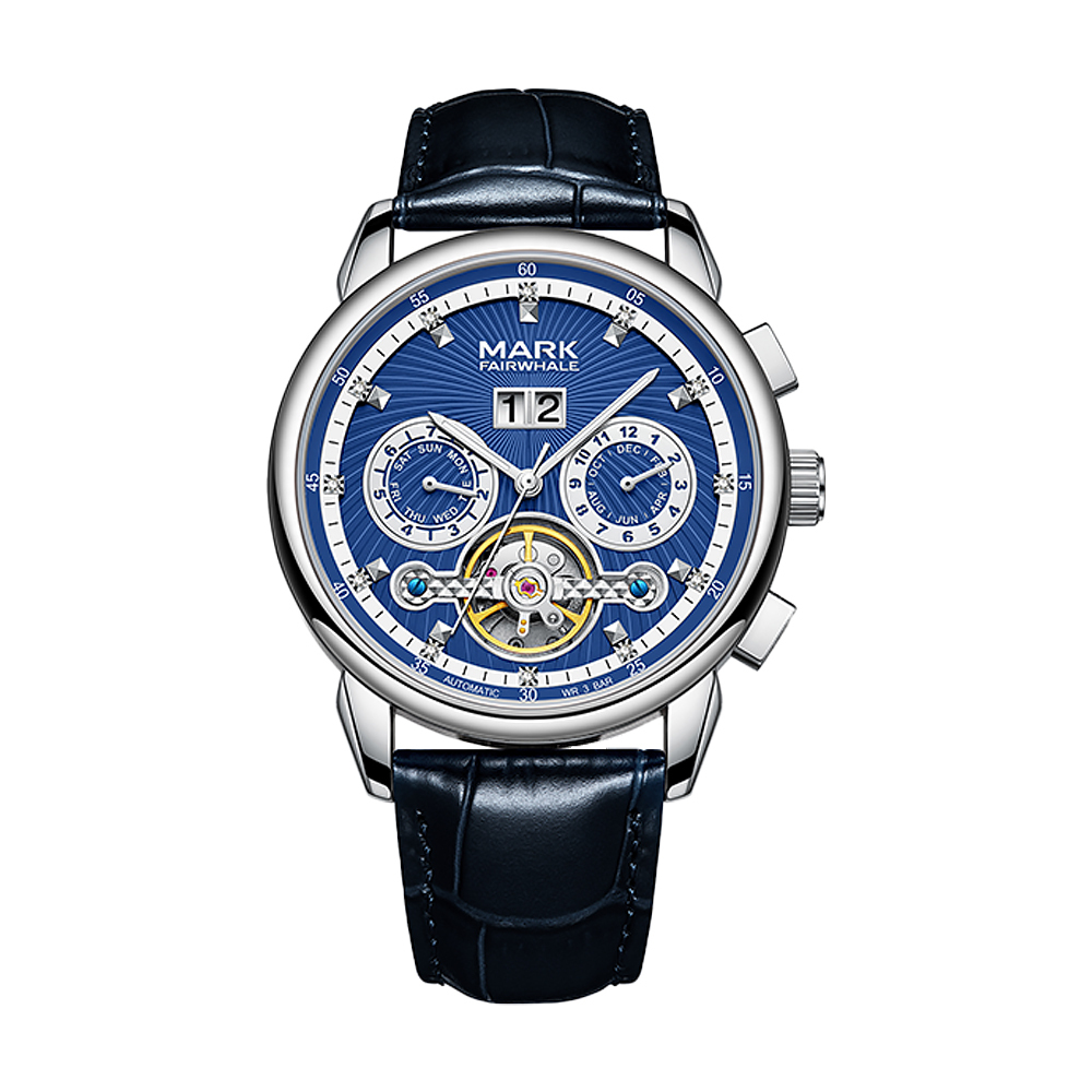 【Mark fairwhale 馬克菲爾】FW-6730-L1 紳士氣度 質感條紋 潮流時尚 晶鑽時標 兩眼 日期星期月份 夜光 手錶 -