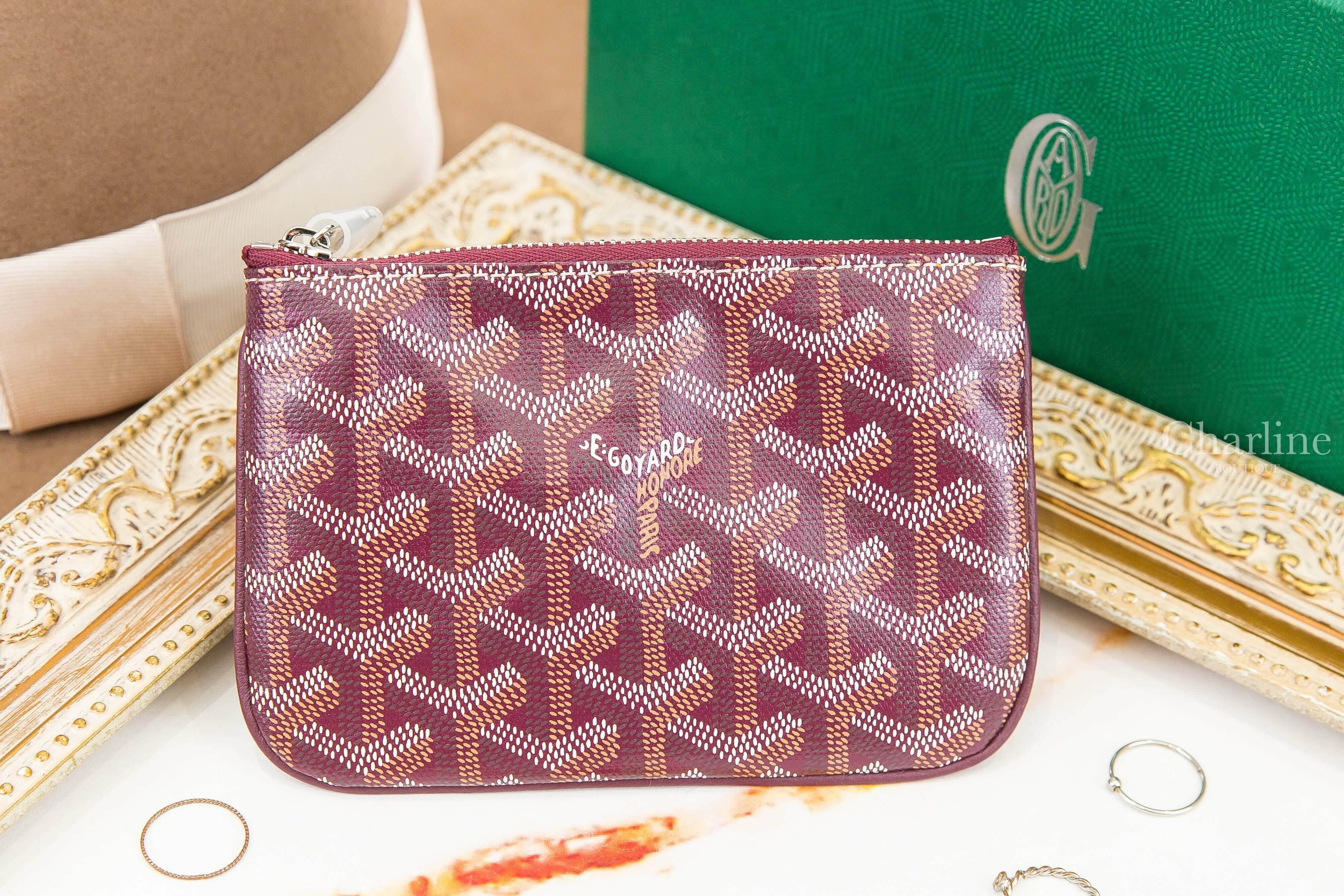Goyard Sénat Mini Pouch 勃根地酒紅色迷你小牛皮黃色內裡銀色拉鍊零錢包