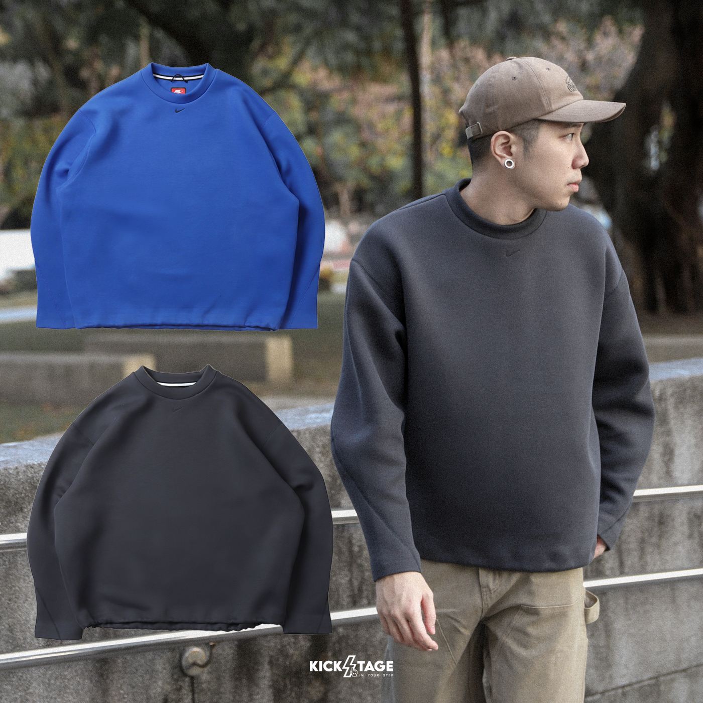 男女款 NIKE TECH FLEECE CREW 碳灰 藍色 刺繡小標 下擺鬆緊帶 衛衣 大學T【HJ2939】