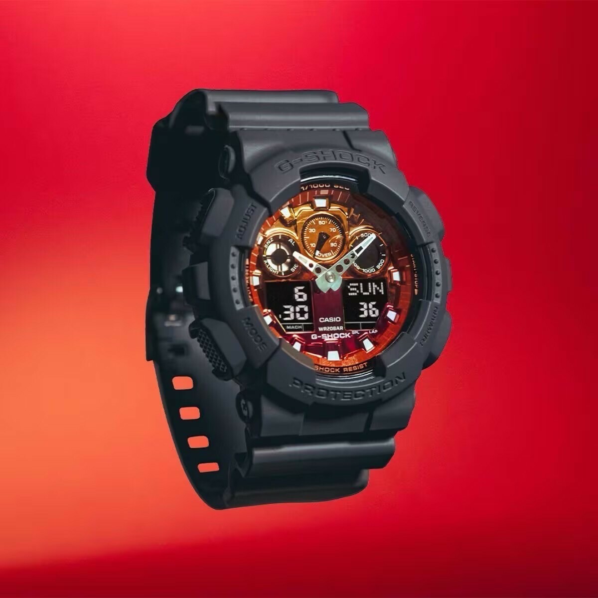 【G-SHOCK】炙熱火焰雙顯錶GA-100FL-8A 51.2mm 現代鐘錶