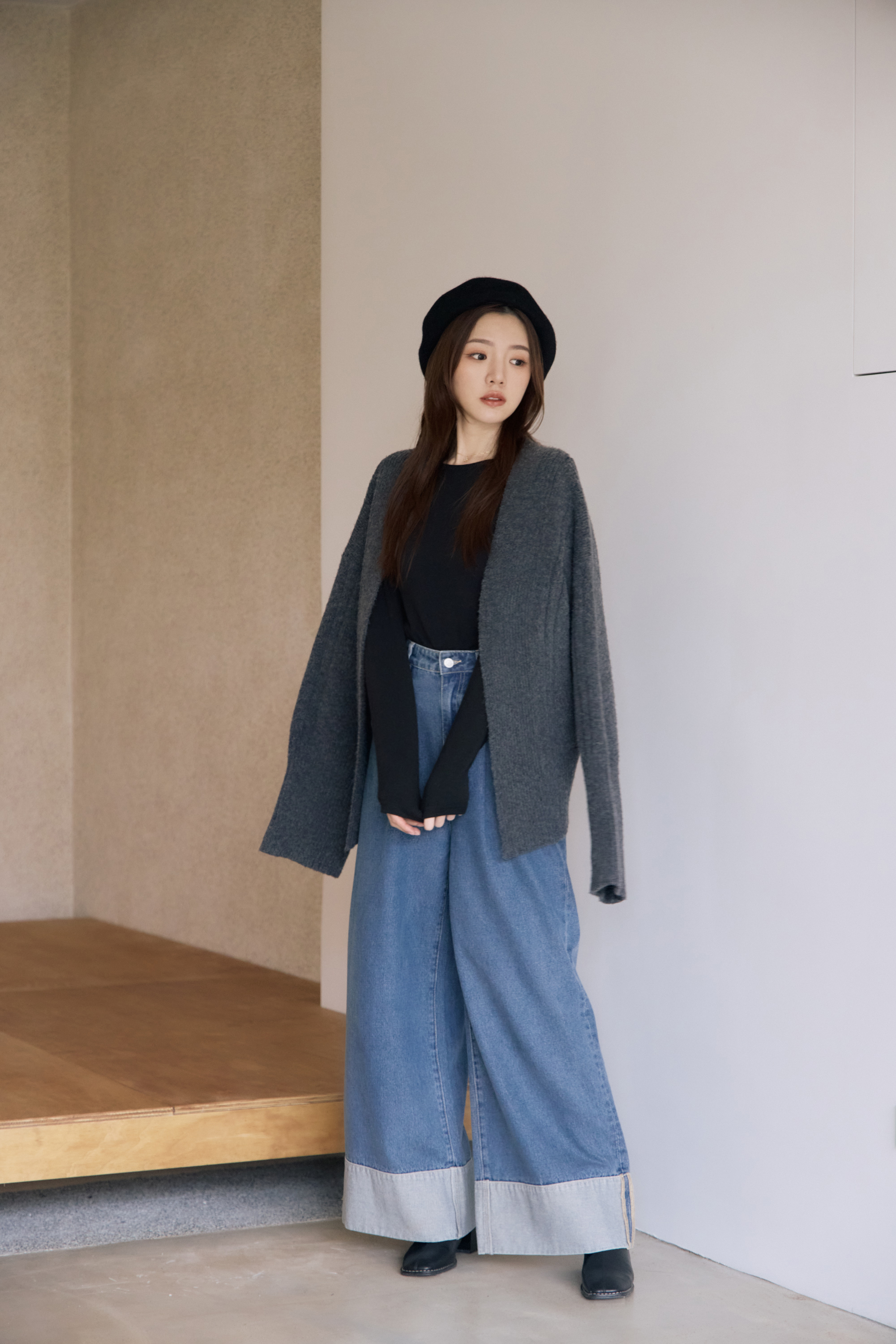 guten made/立體褲筒寬反摺拼接牛仔長腿褲-藍