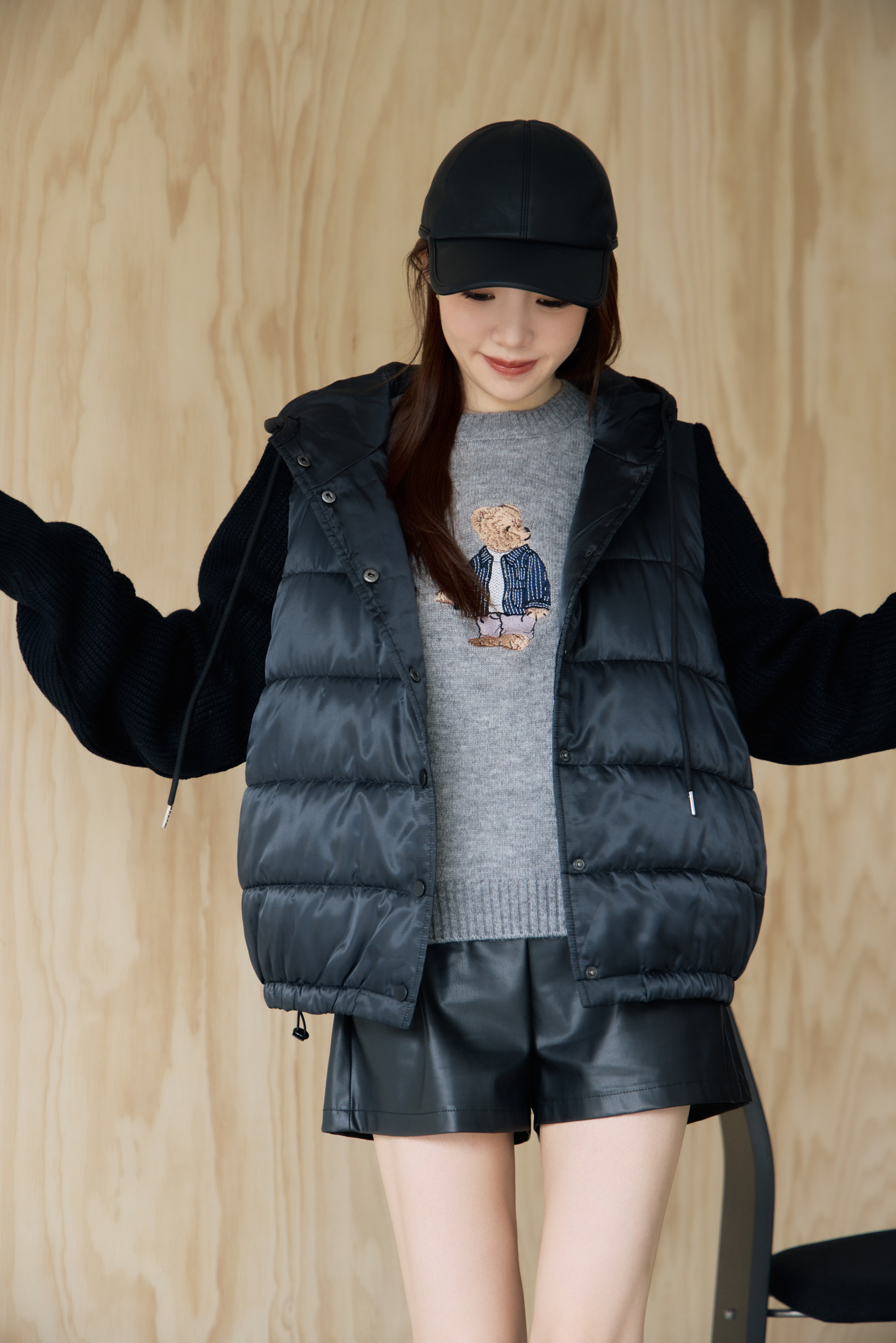 guten made/手袖針織拼接連帽鋪棉外套-黑