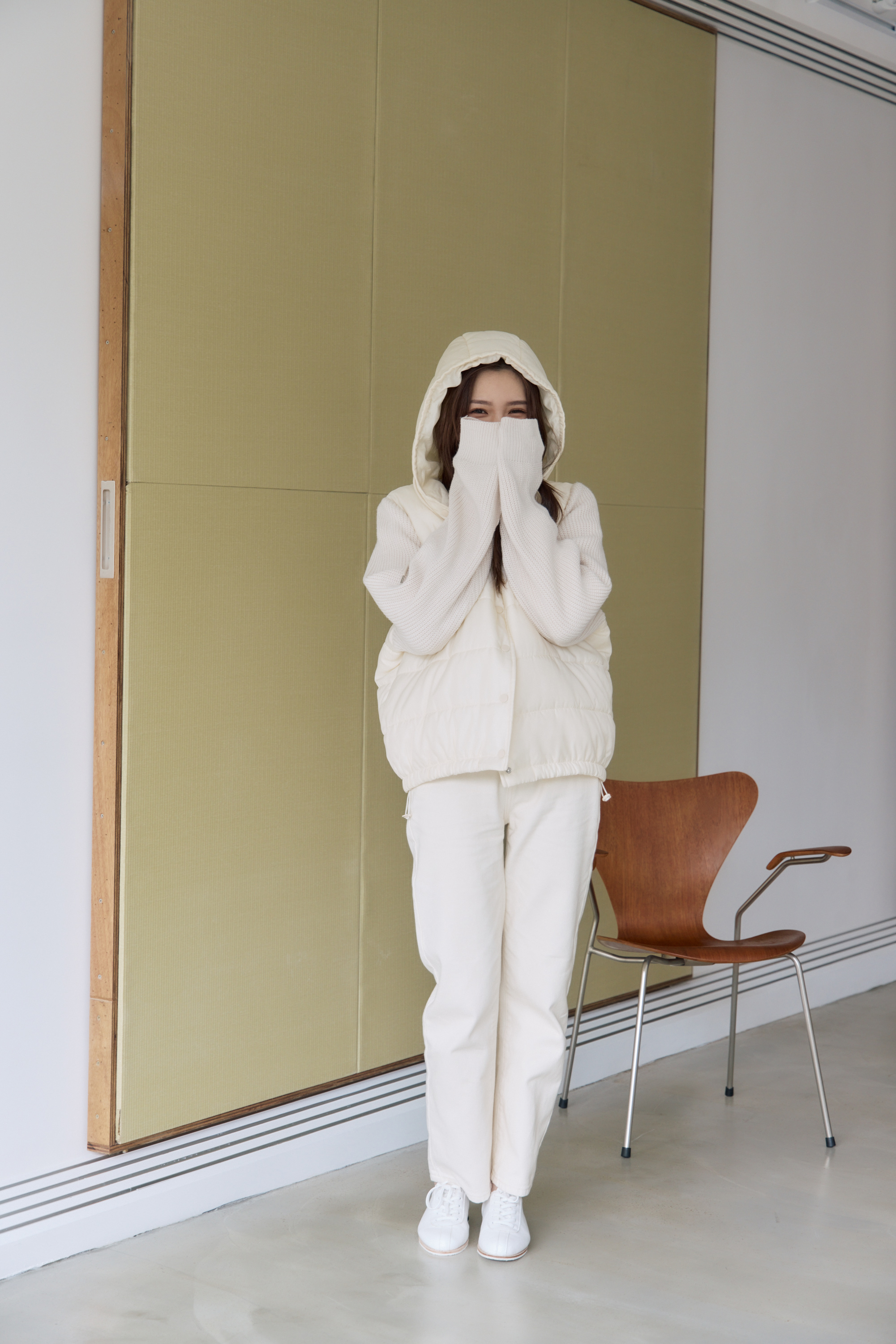 guten made/手袖針織拼接連帽鋪棉外套-米白