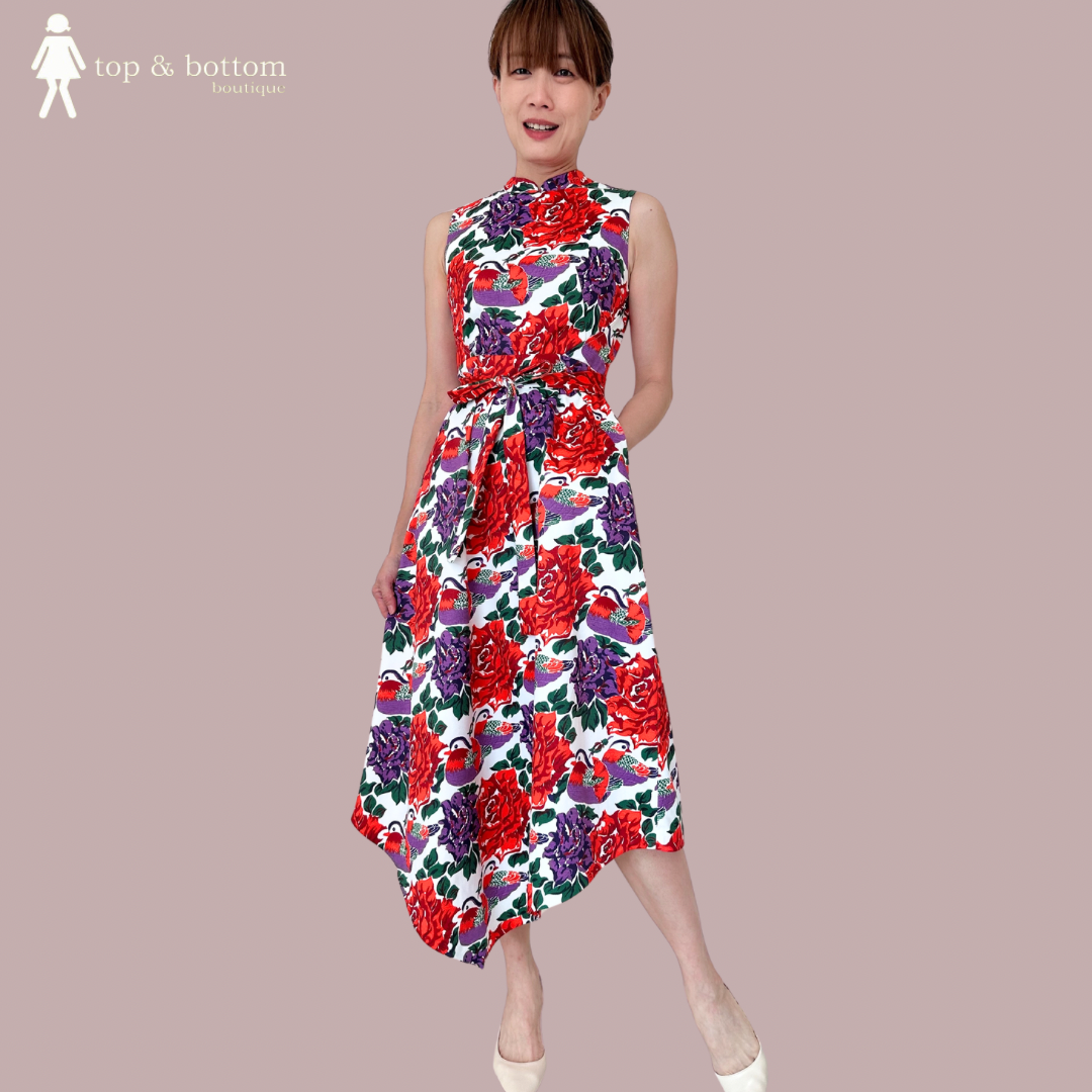 SOLID MANDARIN COLLARED PRINTED MIDI DRESS