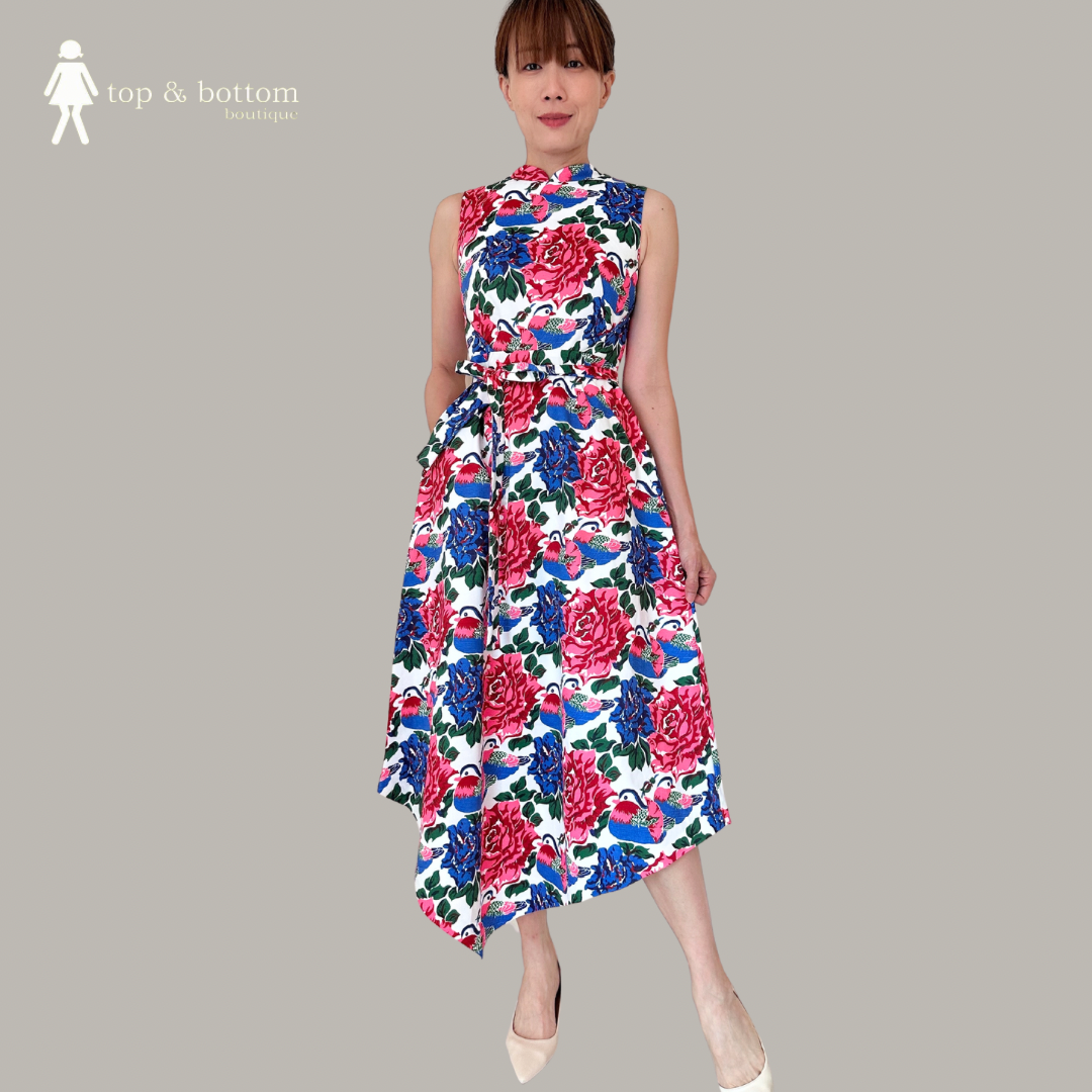 SOLID MANDARIN COLLARED PRINTED MIDI DRESS