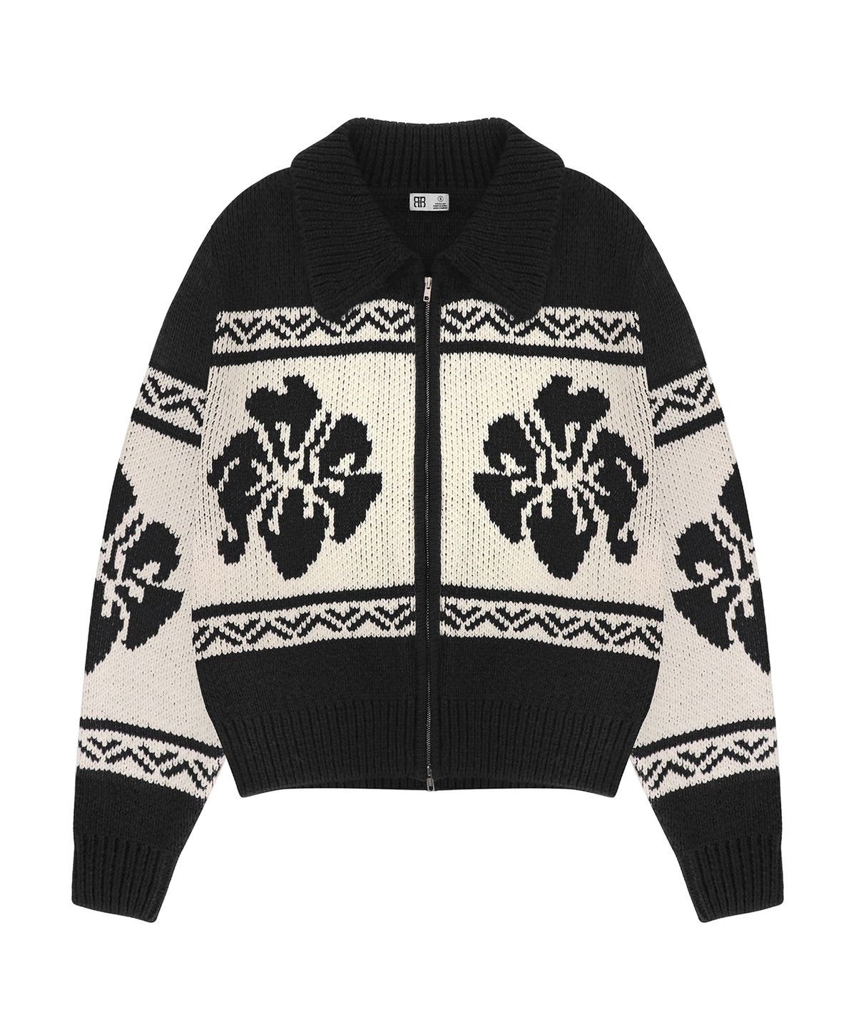 ROCKCAKE) Flower Cowichan Cardigan - Black/Beige