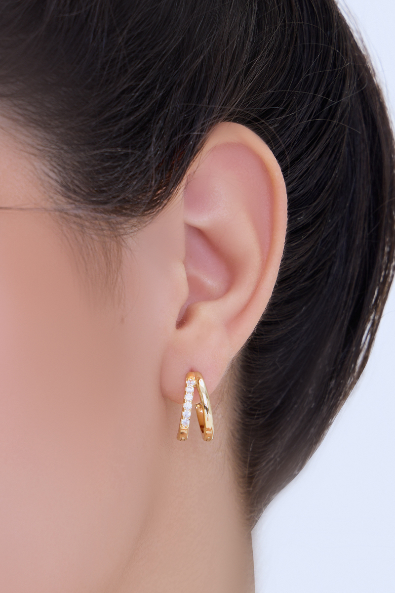 雙層線形圈圈。針式耳環(金)