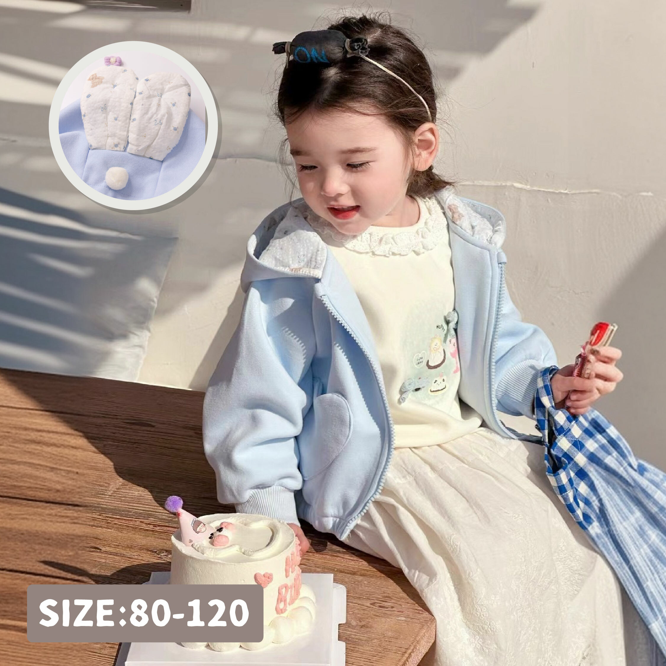 【H55186】碎花兔耳愛心口袋連帽外套＊二色