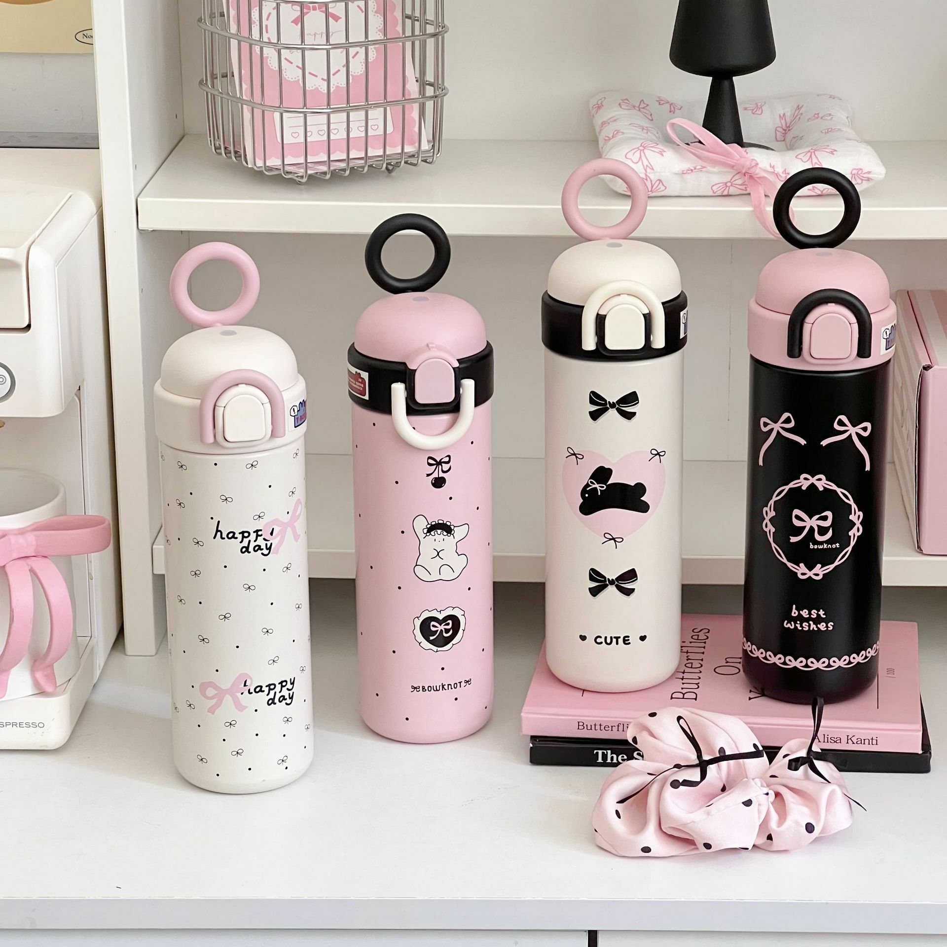 Black Pink Cute Element Dual-Drink Flip 316 Stainless Steel Thermos - 500ml