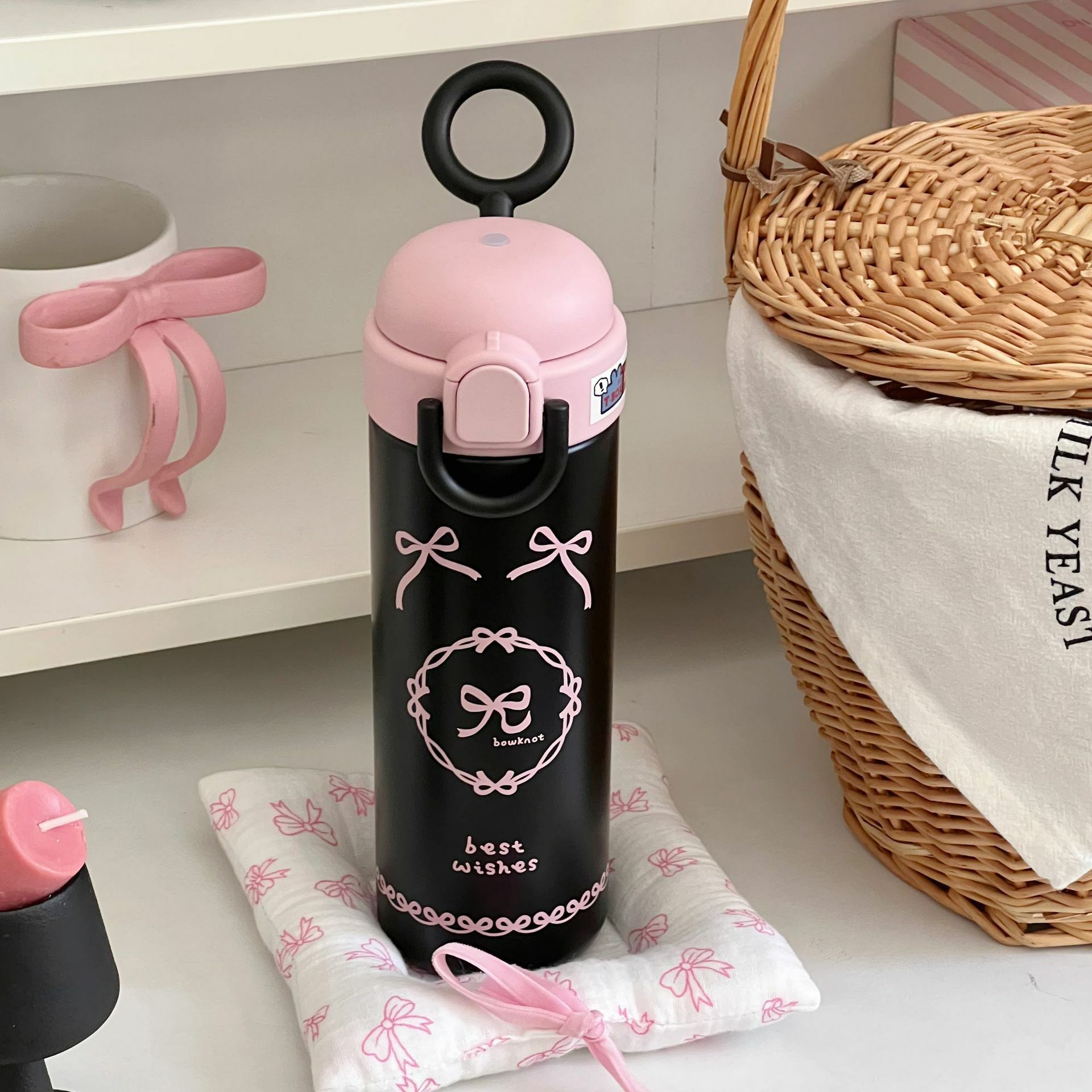 Black Pink Cute Element Dual-Drink Flip 316 Stainless Steel Thermos - 500ml