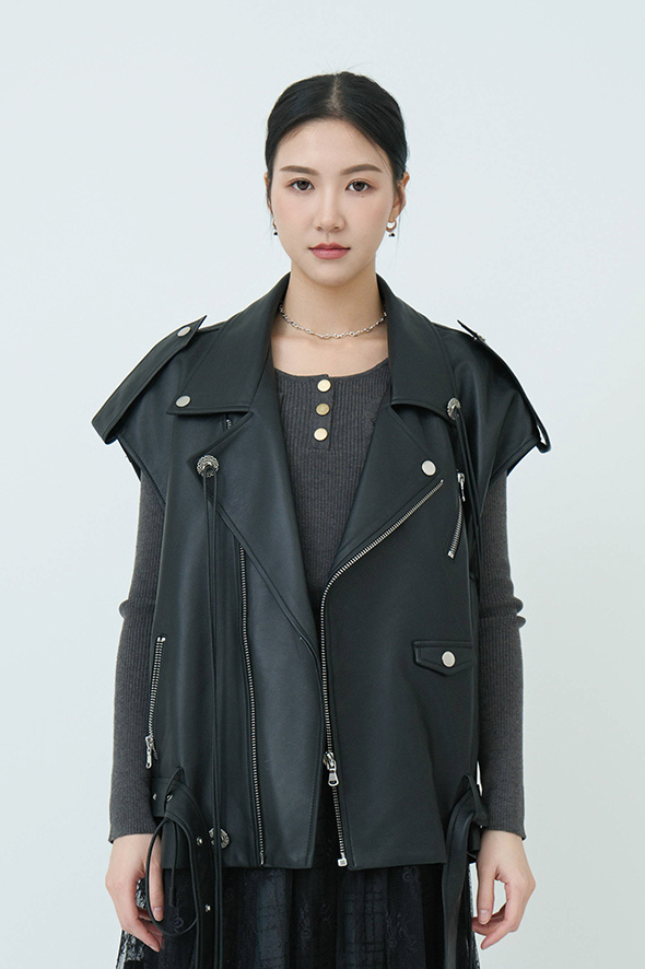 oversize裝飾吊繩羊皮biker背心 (預購產品）