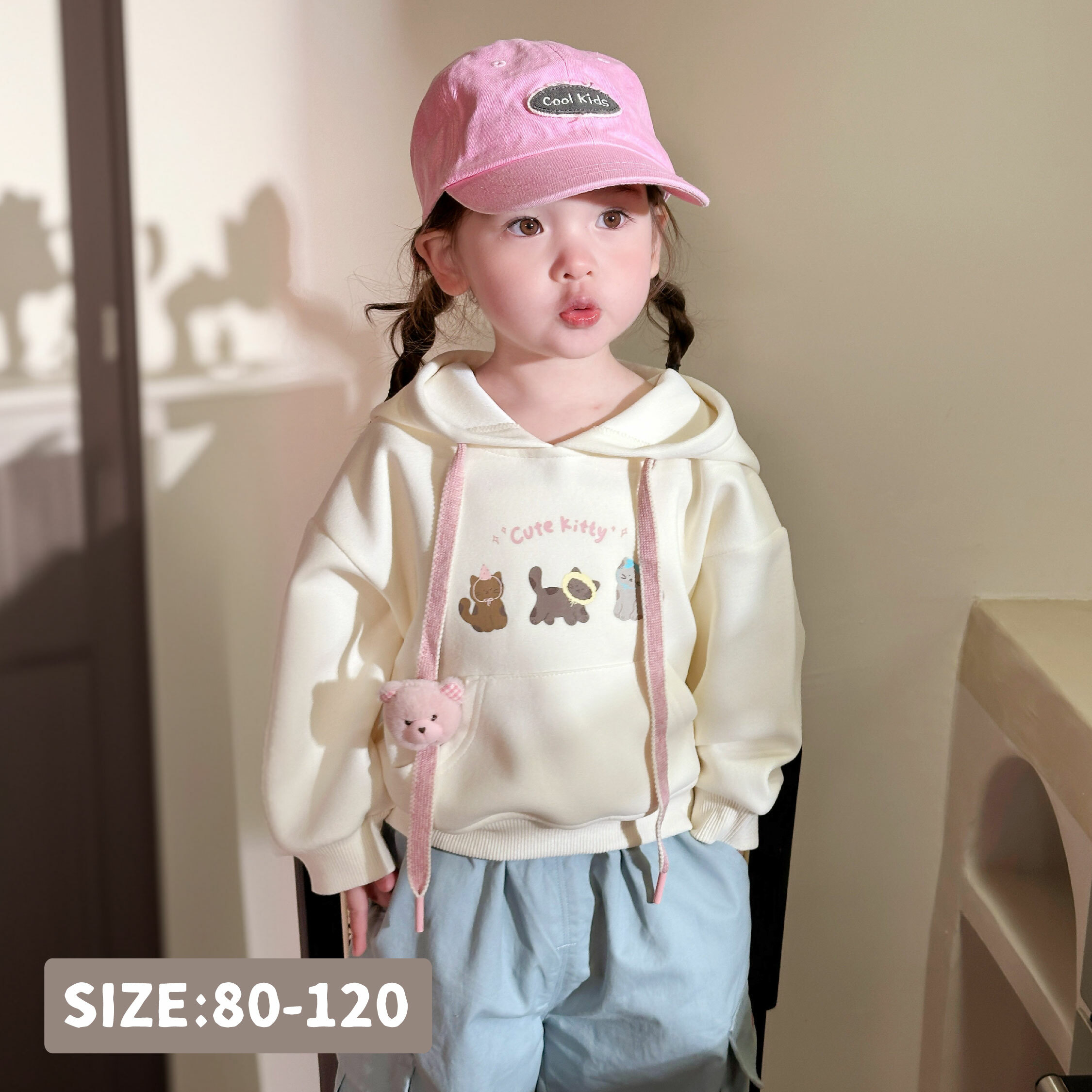 【H55187】可愛慶生貓貓口袋連帽上衣/帽T＊二色