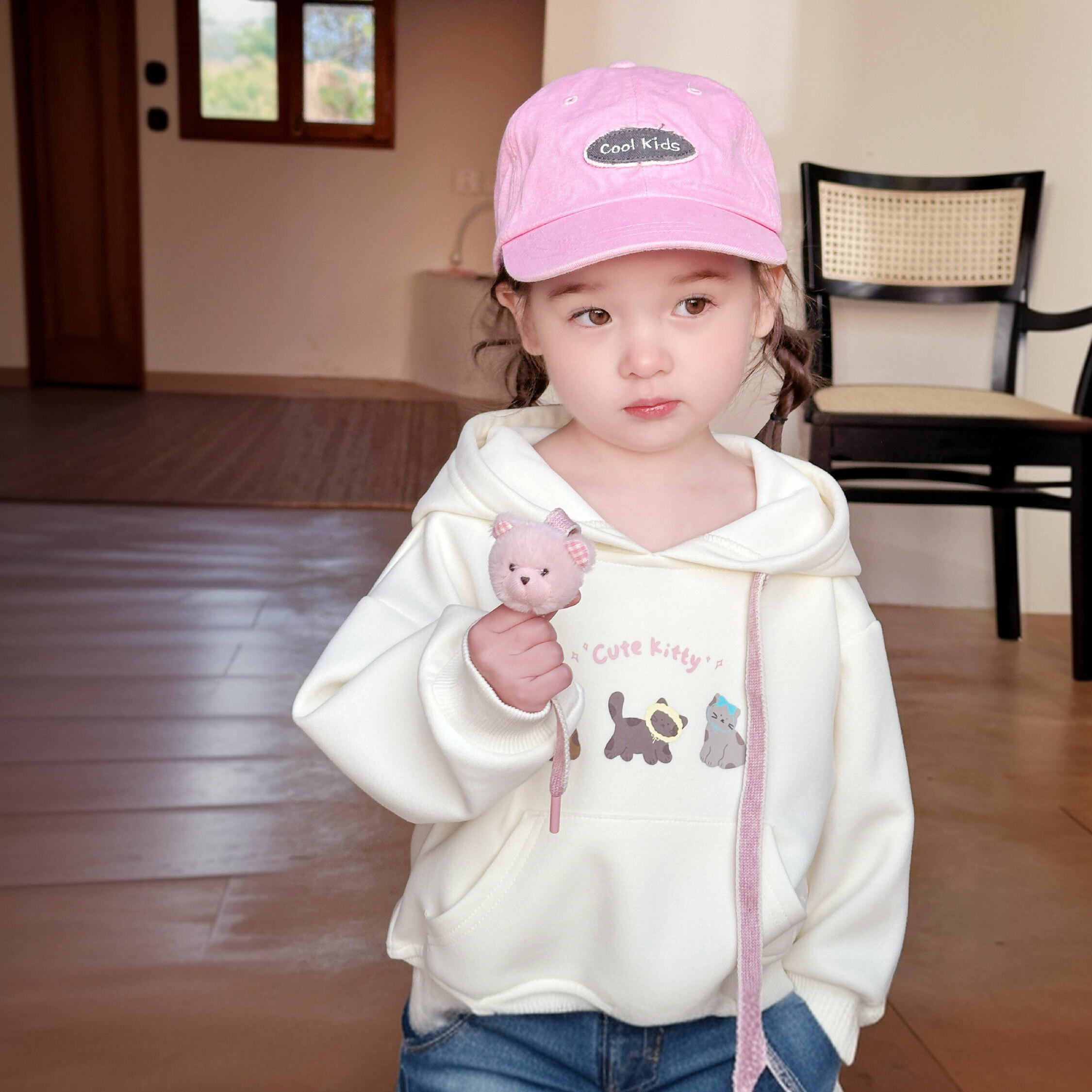 【H55187】可愛慶生貓貓口袋連帽上衣/帽T＊二色