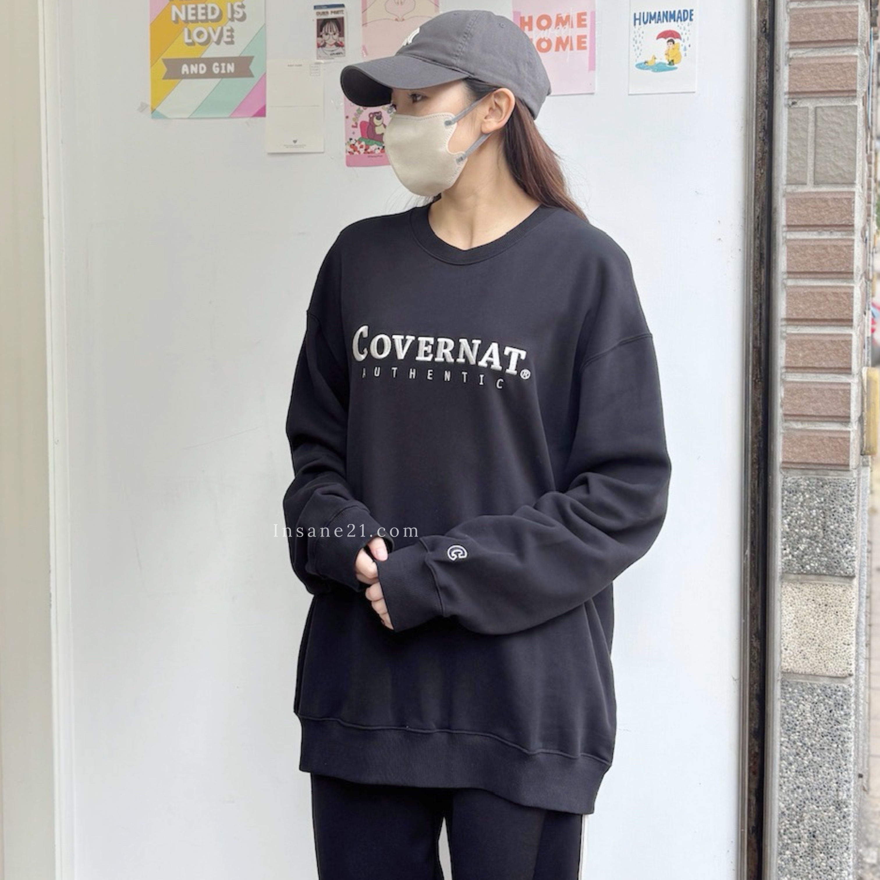 韓國 COVERNAT 中間刺繡LOGO 衛衣 大學踢 黑/灰/深藍