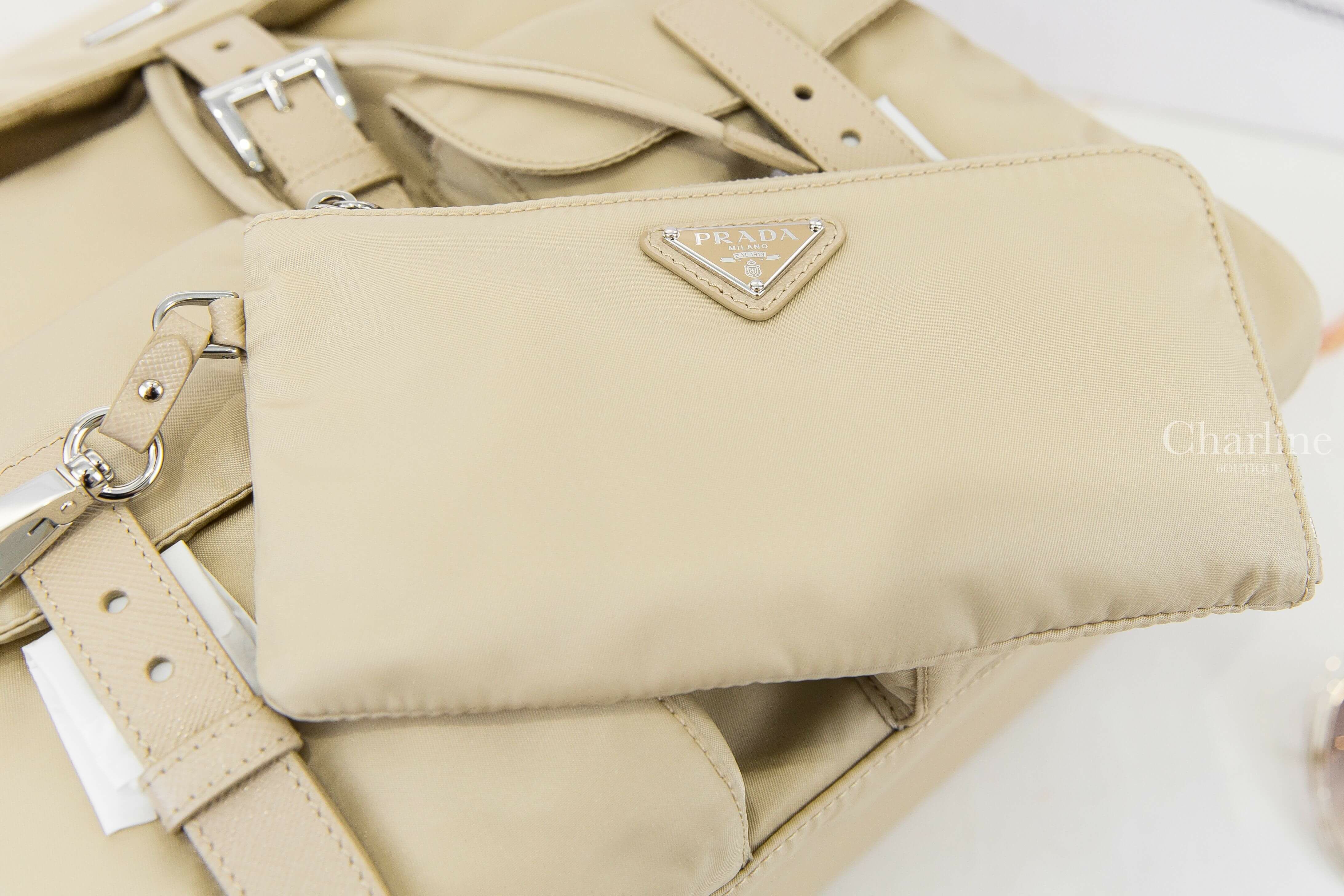 Prada Re-nylon Medium Backpack With Pouch 沙漠棕三角銀字Logo中型拉鍊小包超纖尼龍手提後背包-Charline Boutique 精品代購
