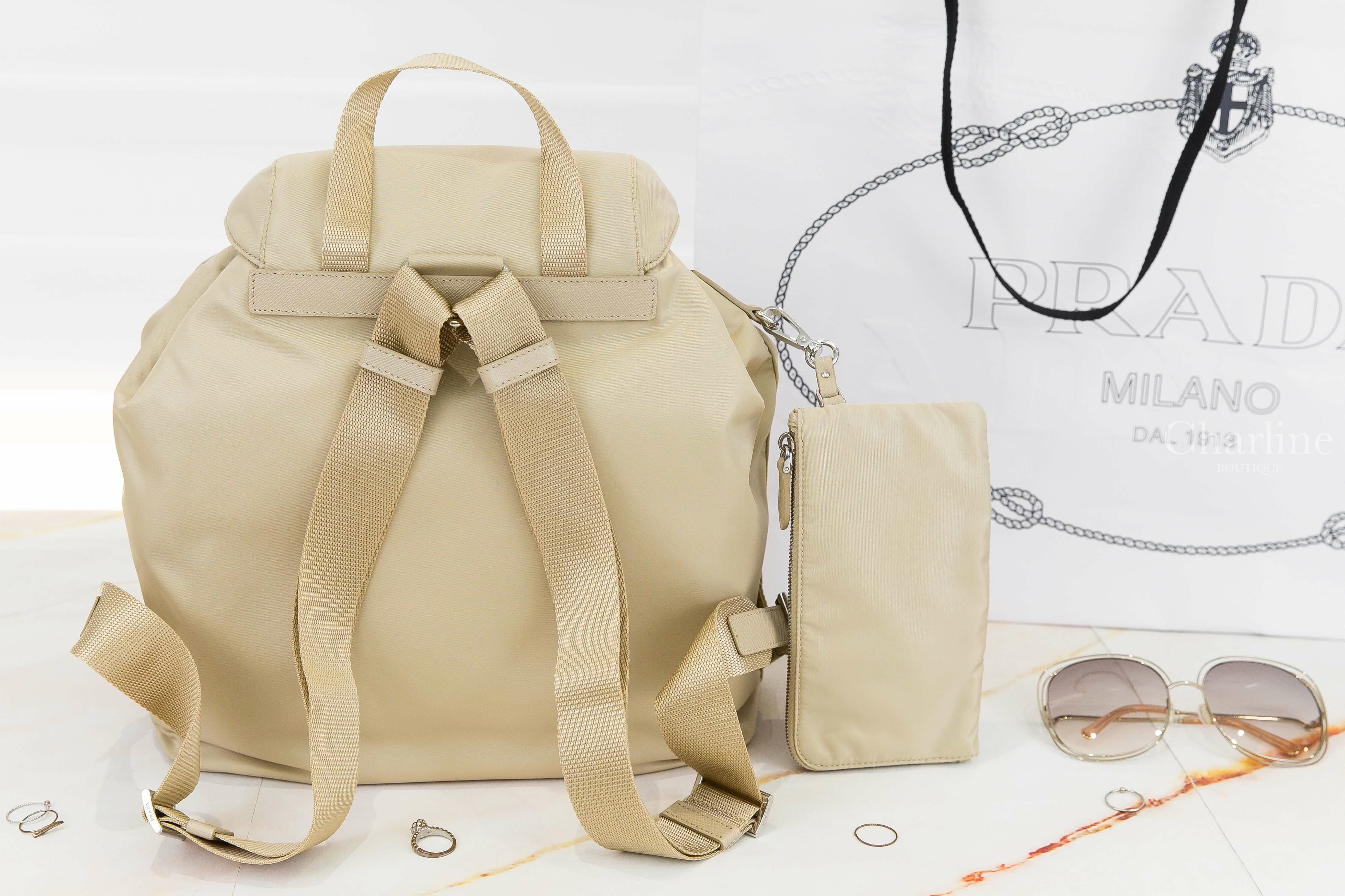 Prada Re-nylon Medium Backpack With Pouch 沙漠棕三角銀字Logo中型拉鍊小包超纖尼龍手提後背包-Charline Boutique 精品代購