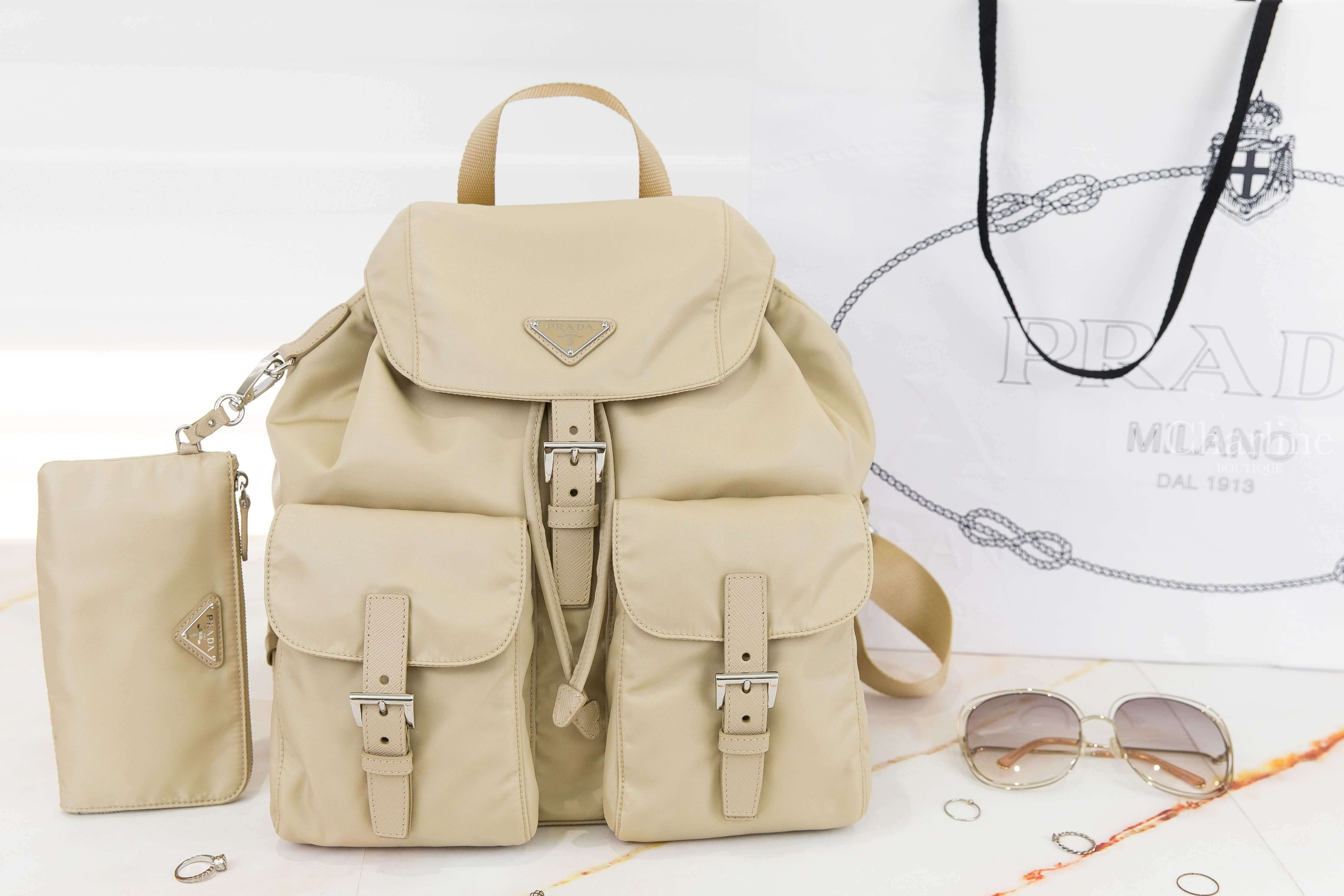 Prada Re-nylon Medium Backpack With Pouch 沙漠棕三角銀字Logo中型拉鍊小包超纖尼龍手提後背包-Charline Boutique 精品代購
