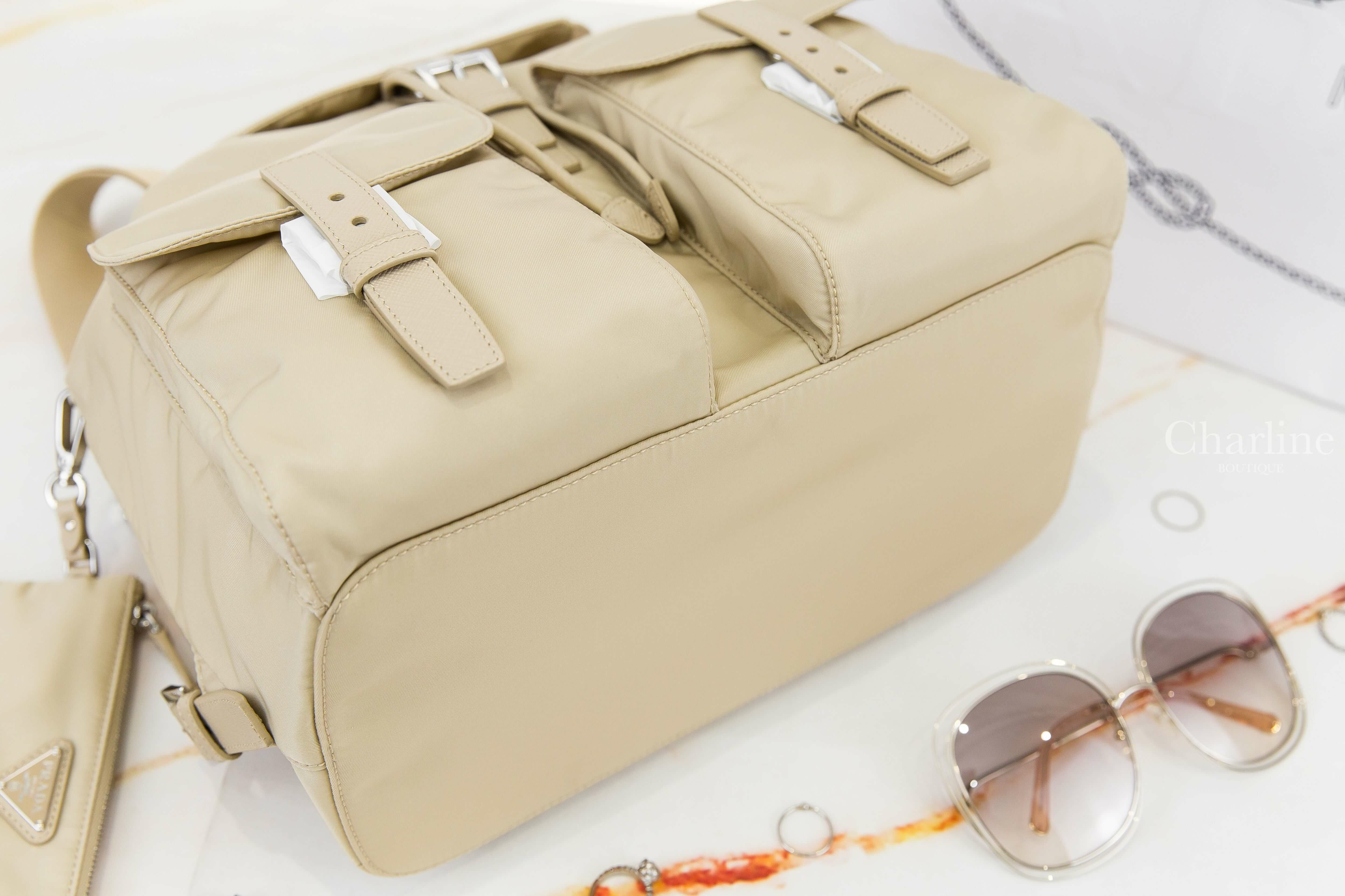 Prada Re-nylon Medium Backpack With Pouch 沙漠棕三角銀字Logo中型拉鍊小包超纖尼龍手提後背包-Charline Boutique 精品代購
