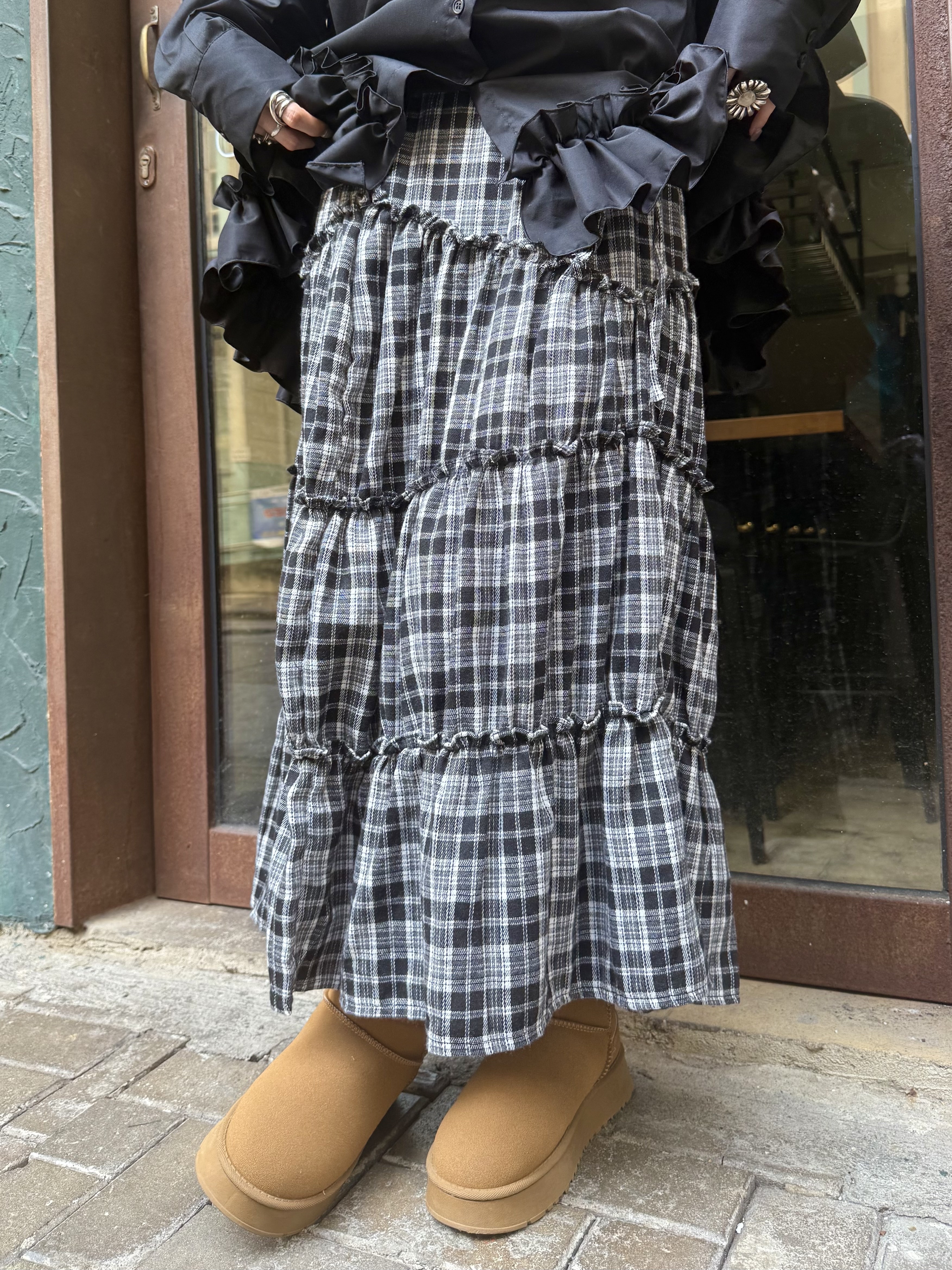 [兩色入] 格仔RUFFLE邊SK( Black )