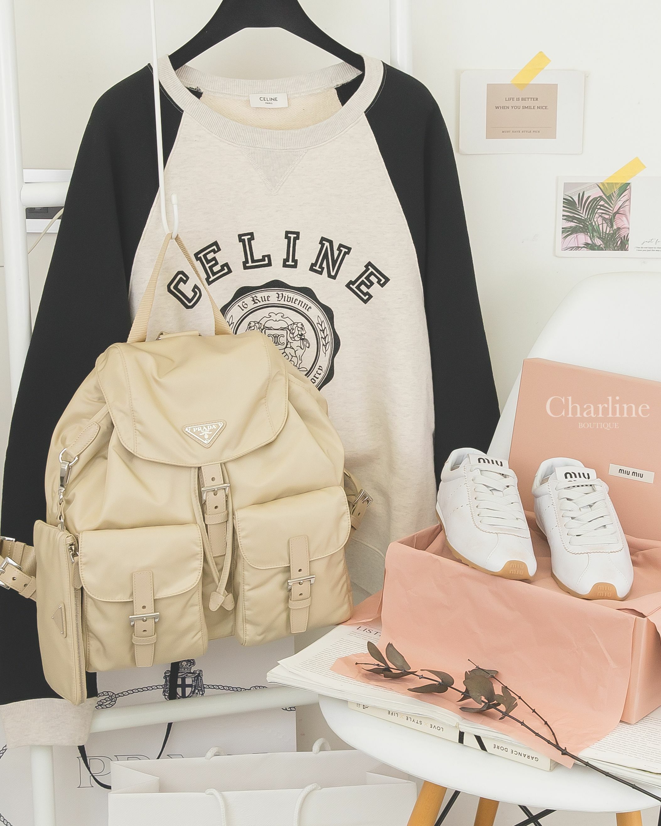 Prada Re-nylon Medium Backpack With Pouch 沙漠棕三角銀字Logo中型拉鍊小包超纖尼龍手提後背包,Miu Miu Plume 白色仿舊皮革黑字棕色橡膠鞋底運動鞋-Charline Boutique 精品代購