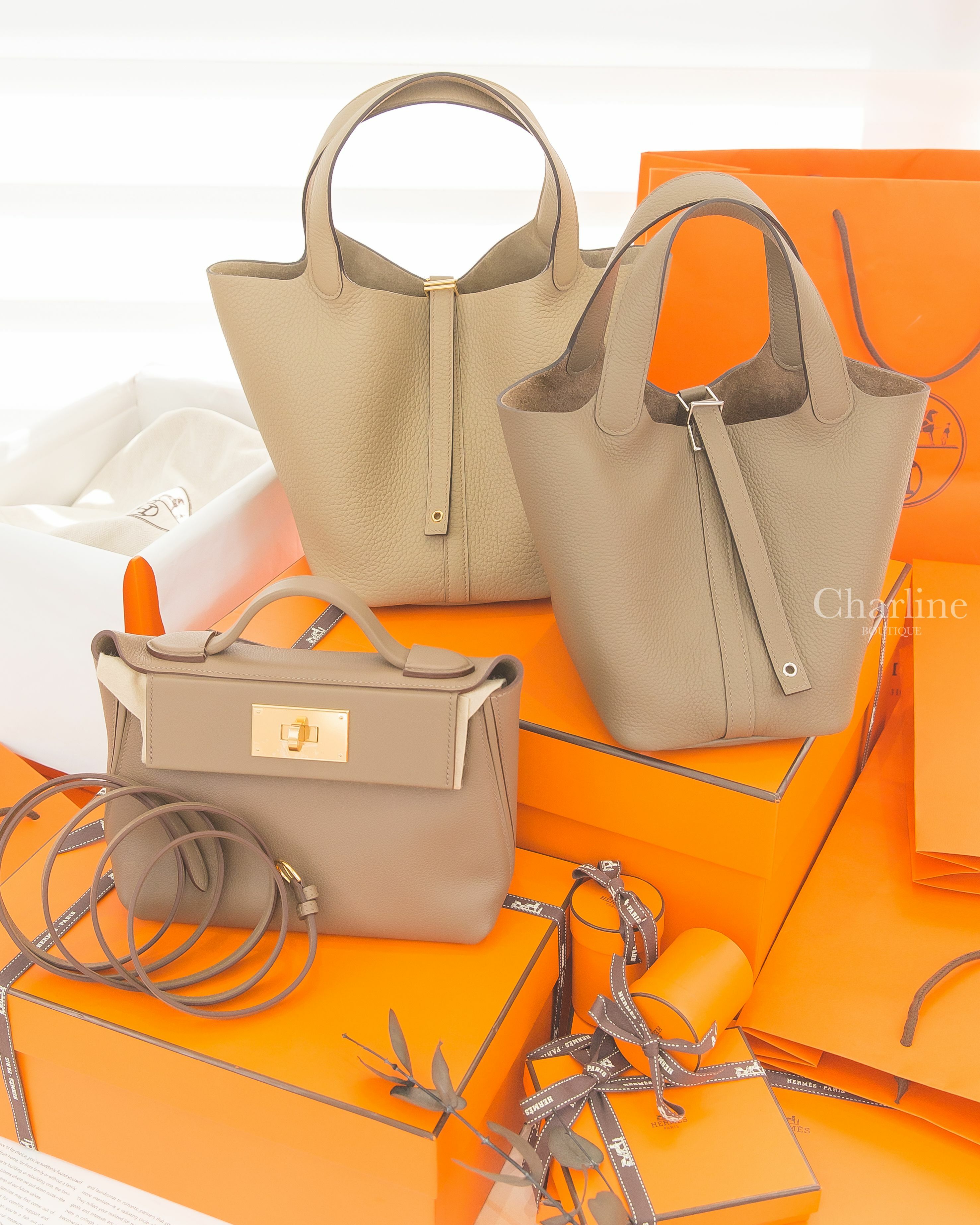 Hermès Picotin 22cm 8Q 馬爾法米色金釦,Hermès Picotin 18cm M1 牛至色銀釦,Hermès Mini Kelly 24/24 18 大象灰同色縫線金釦-Charline Boutique 精品代購